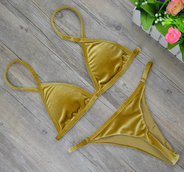 2017 Women Dark Green Orange Gold Velvet Thong Bikinis Sets Swimwear