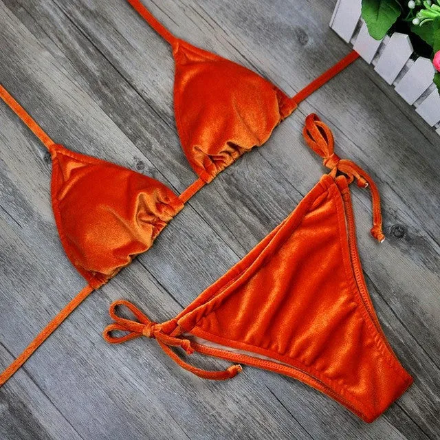 2017 Women Dark Green Orange Gold Velvet Thong Bikinis Sets Swimwear