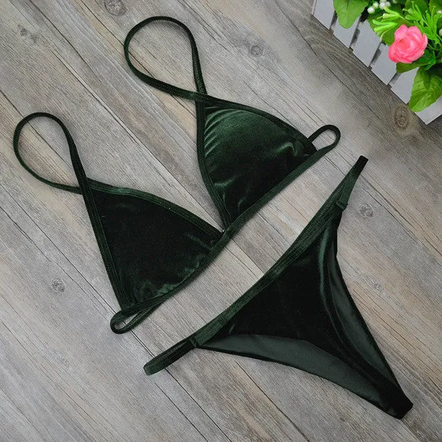 2017 Women Dark Green Orange Gold Velvet Thong Bikinis Sets Swimwear