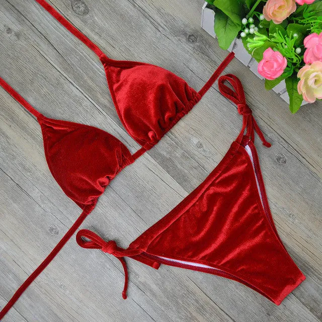 2017 Women Dark Green Orange Gold Velvet Thong Bikinis Sets Swimwear