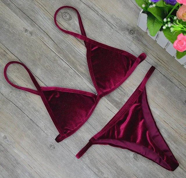 2017 Women Dark Green Orange Gold Velvet Thong Bikinis Sets Swimwear