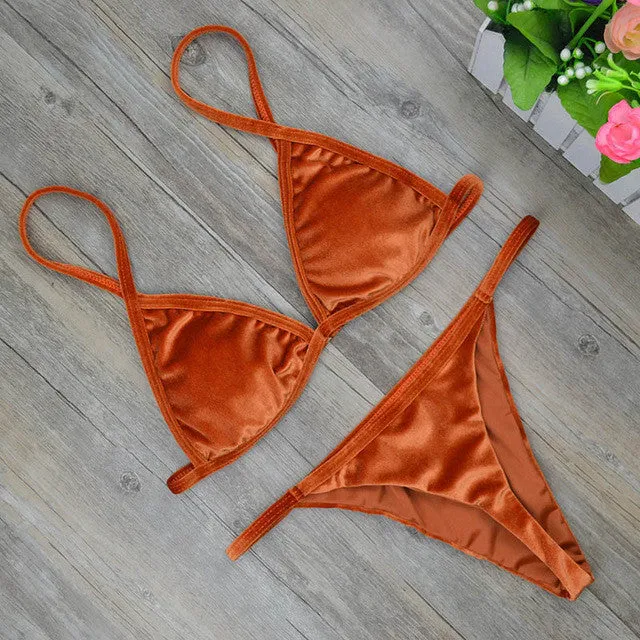 2017 Women Dark Green Orange Gold Velvet Thong Bikinis Sets Swimwear