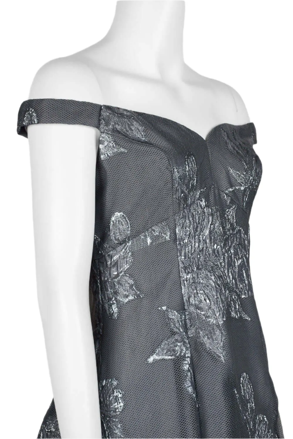 Aidan Mattox Off-Shoulder Sleeveless Box Pleat Zipper Back Metallic Jacquard Gown