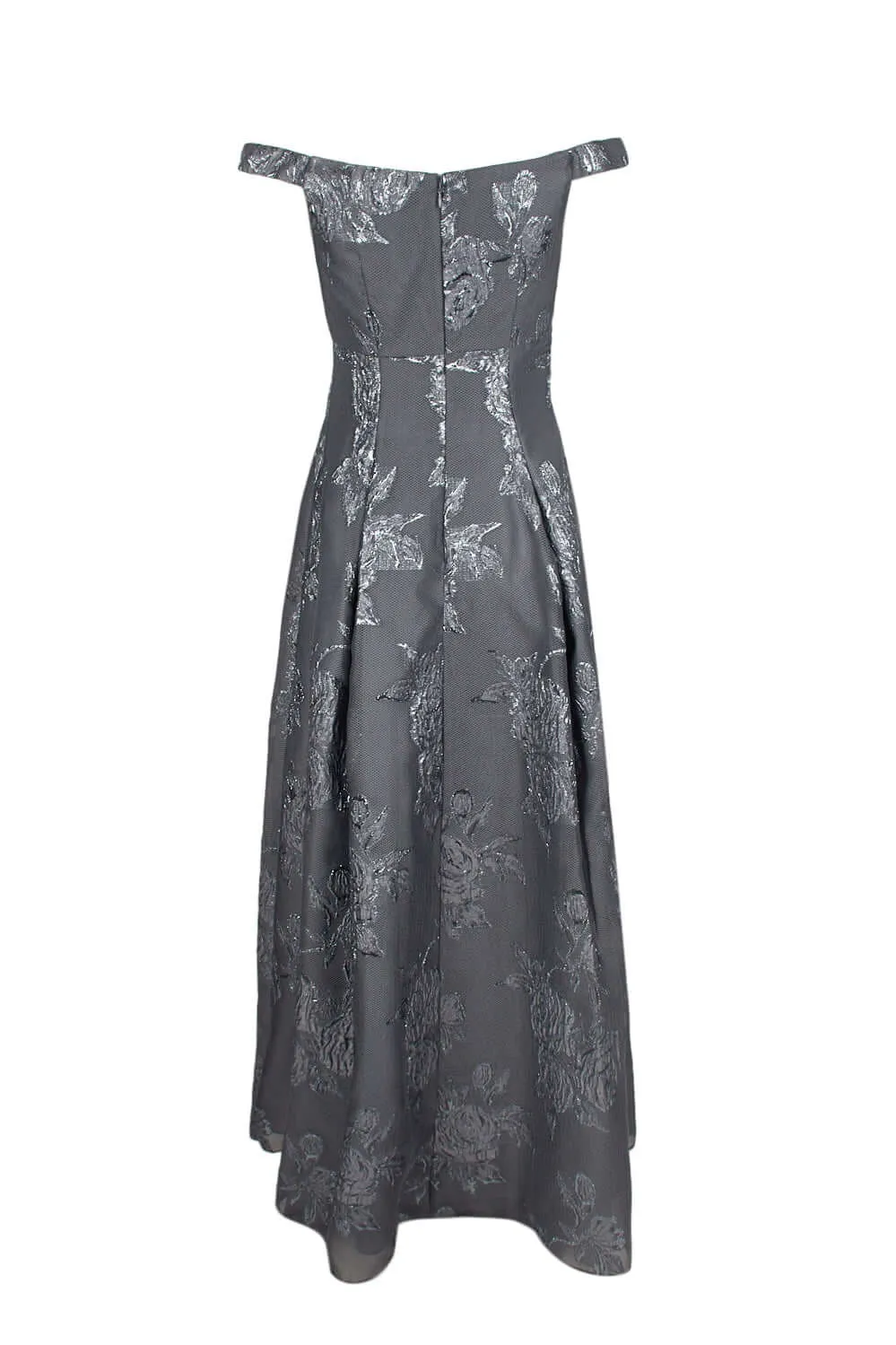 Aidan Mattox Off-Shoulder Sleeveless Box Pleat Zipper Back Metallic Jacquard Gown