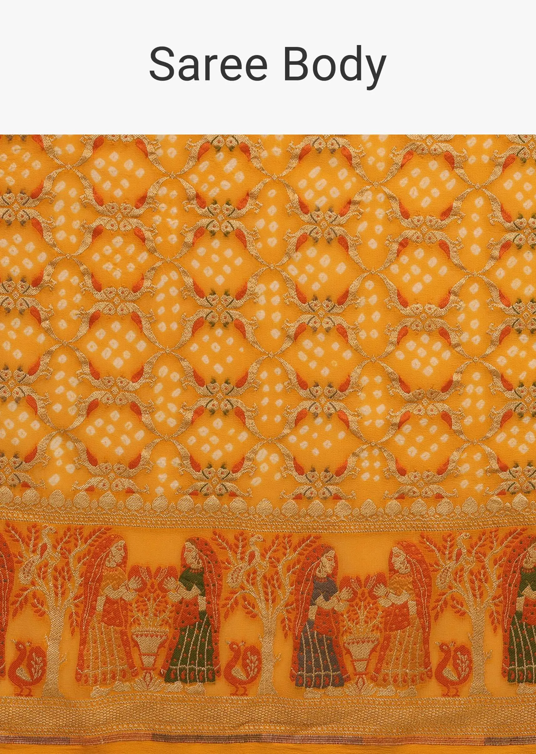 Amber Yellow Saree In Georgette With Bandhani Handwoven Figure Work