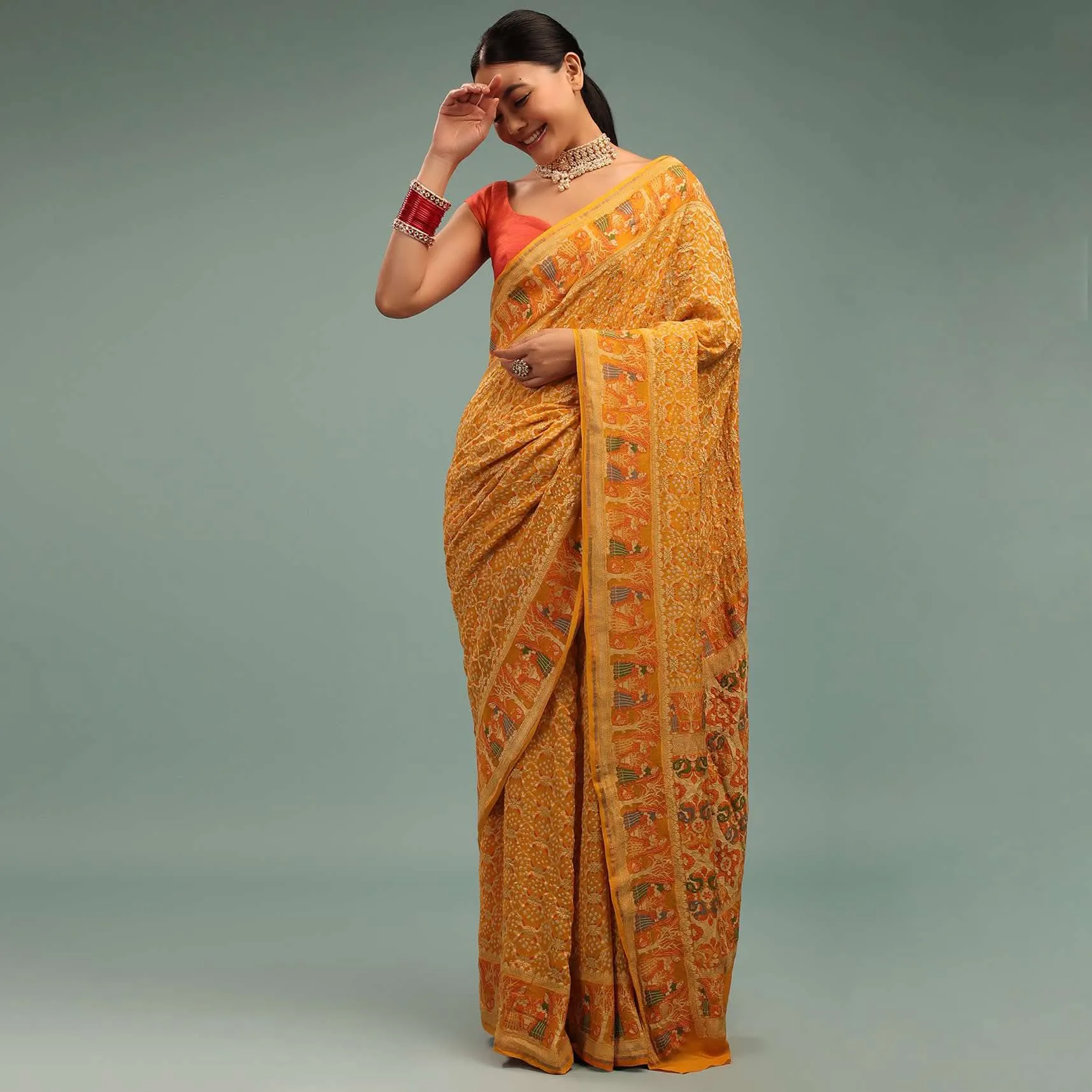 Amber Yellow Saree In Georgette With Bandhani Handwoven Figure Work