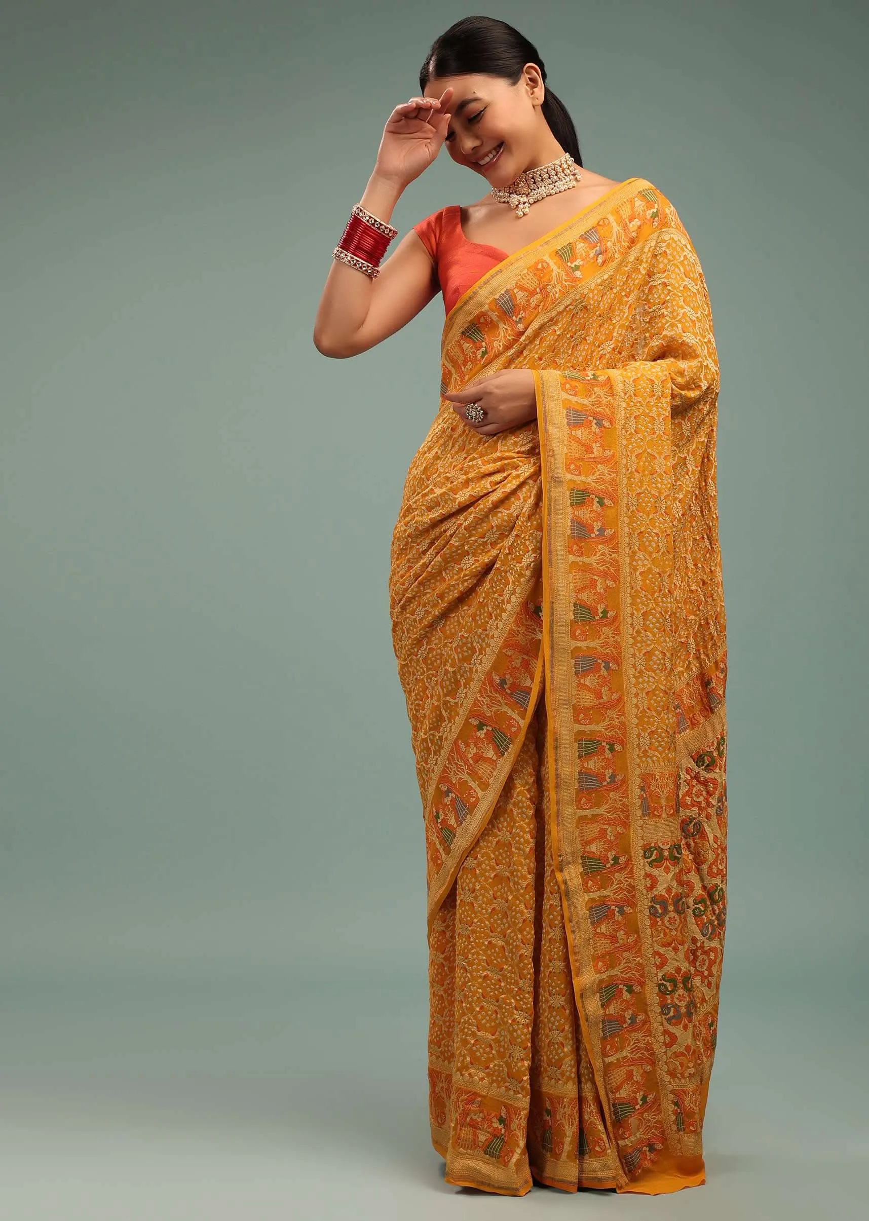 Amber Yellow Saree In Georgette With Bandhani Handwoven Figure Work