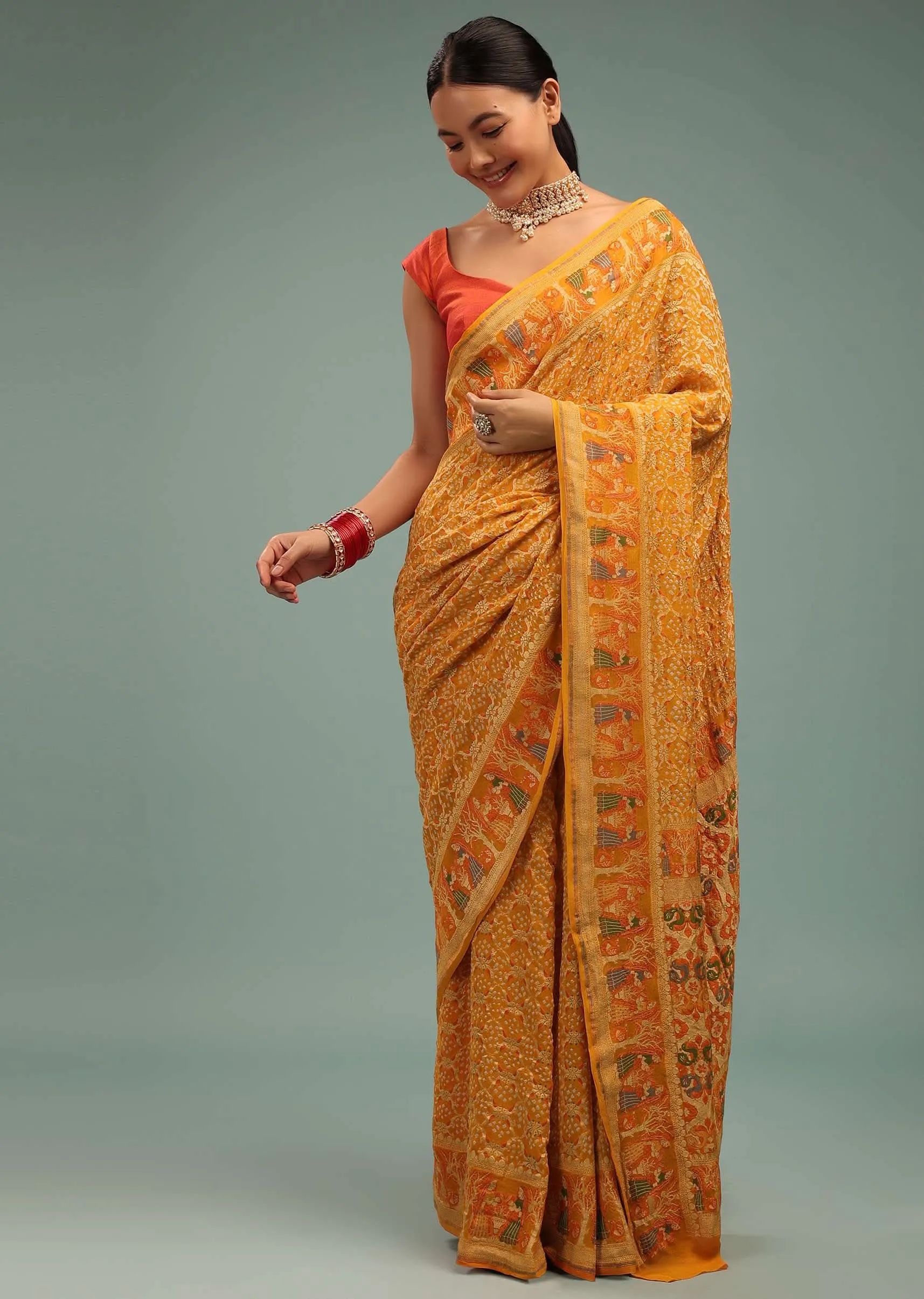 Amber Yellow Saree In Georgette With Bandhani Handwoven Figure Work