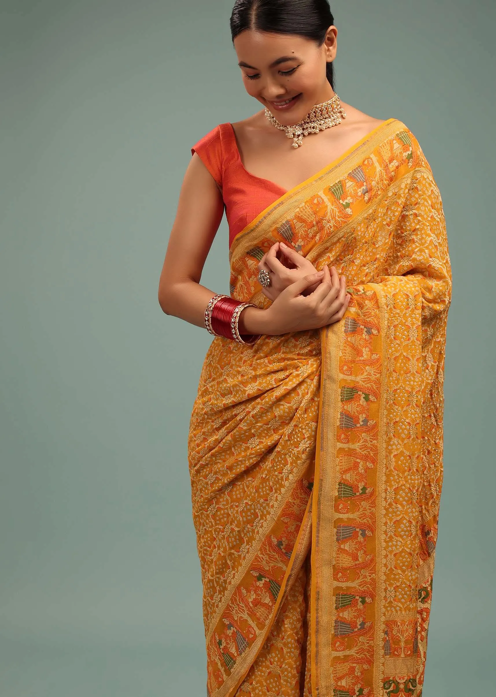 Amber Yellow Saree In Georgette With Bandhani Handwoven Figure Work