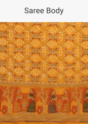 Amber Yellow Saree In Georgette With Bandhani Handwoven Figure Work