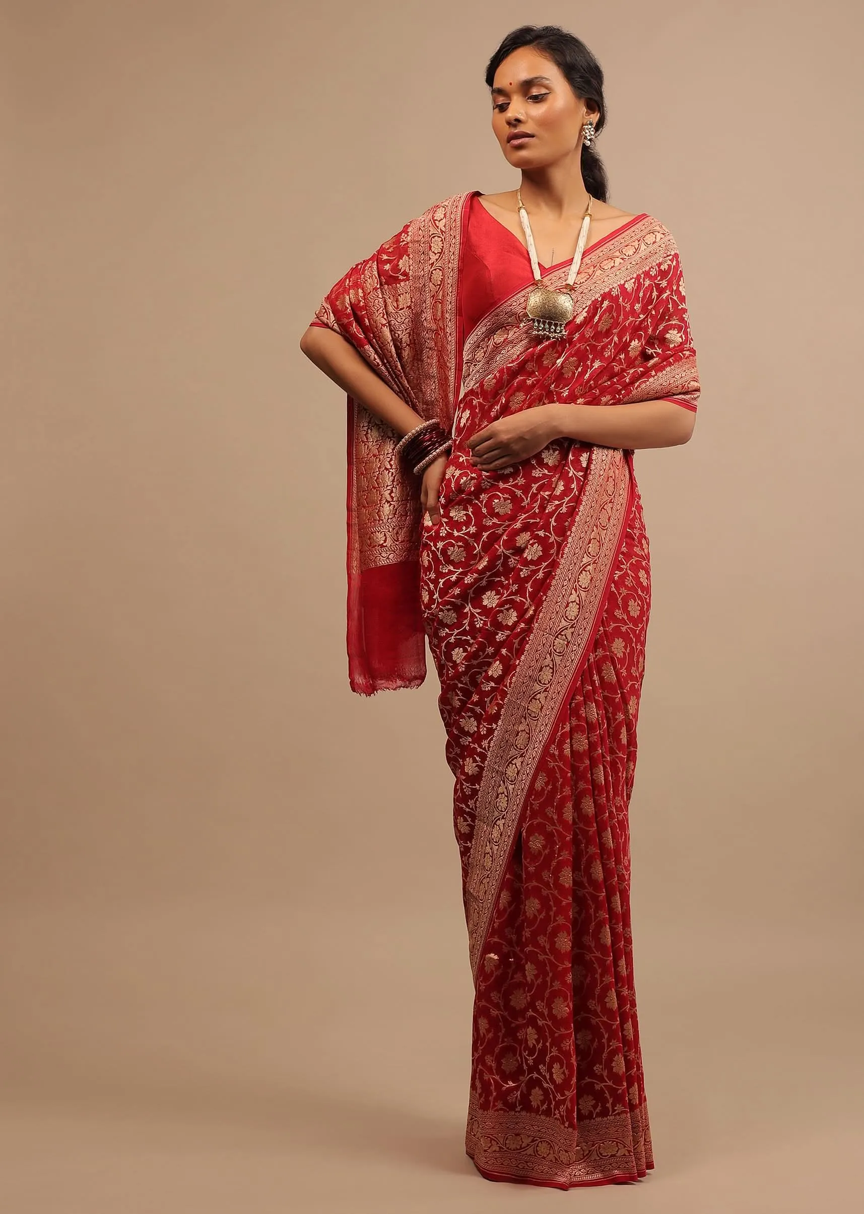 Apple Red Saree In Georgette With Golden Woven Floral Jaal Work