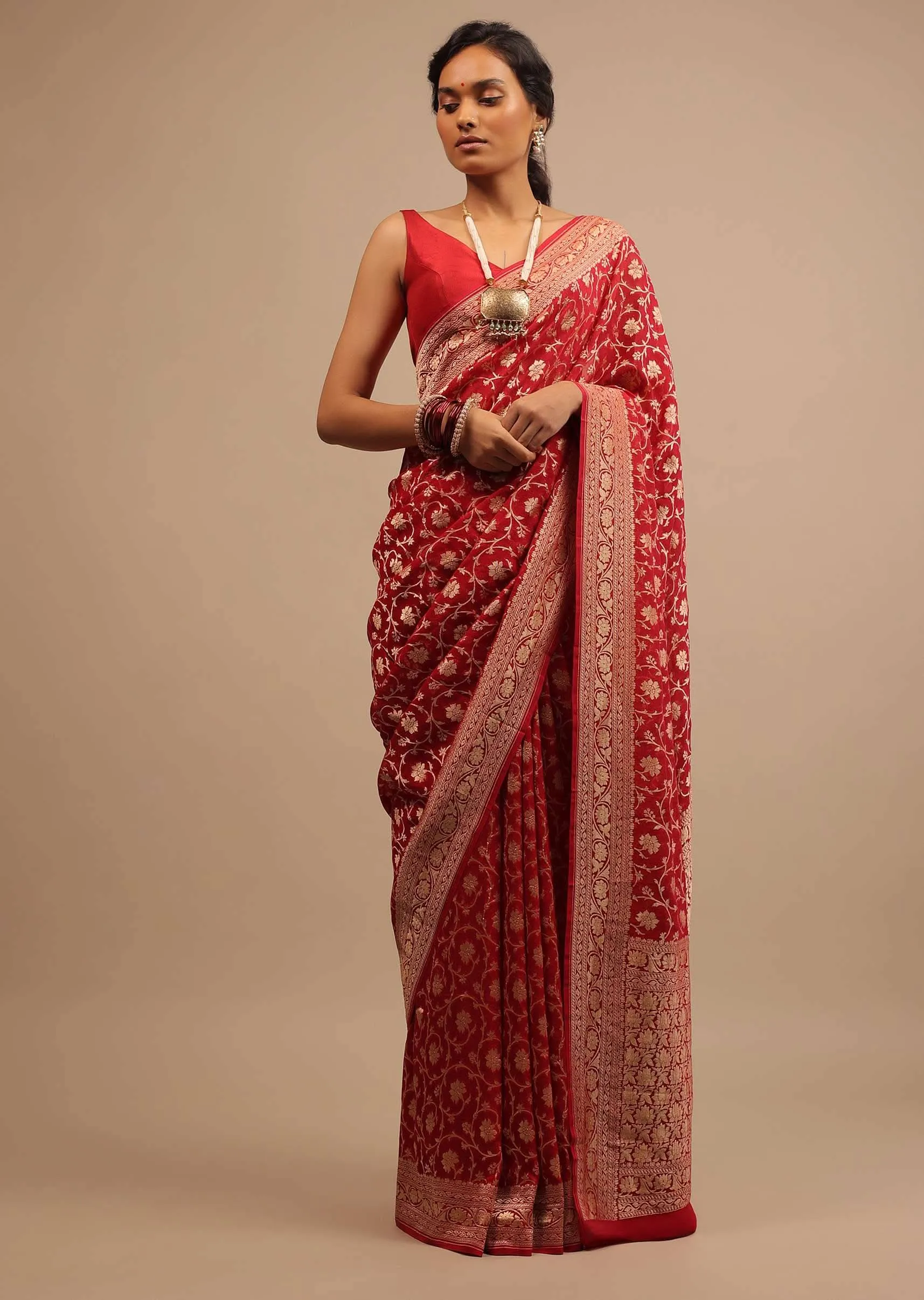 Apple Red Saree In Georgette With Golden Woven Floral Jaal Work