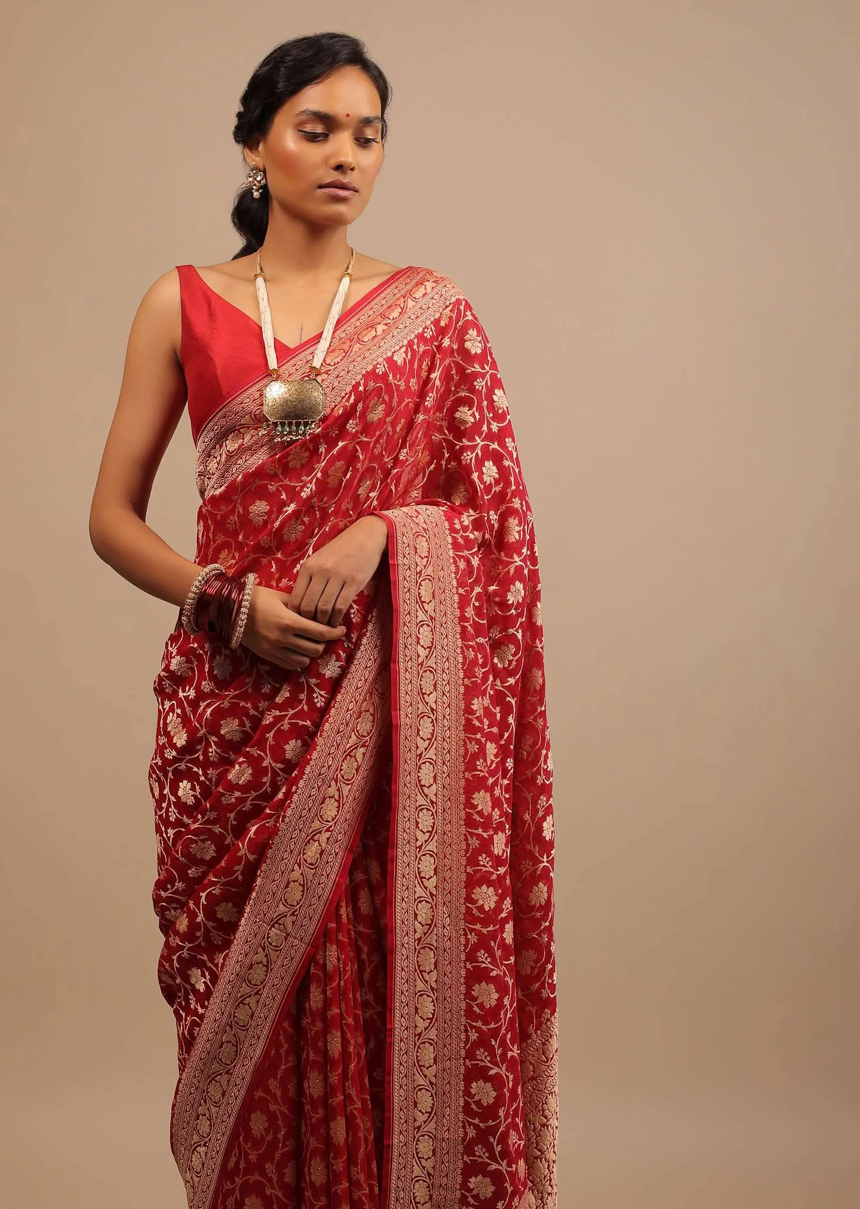 Apple Red Saree In Georgette With Golden Woven Floral Jaal Work