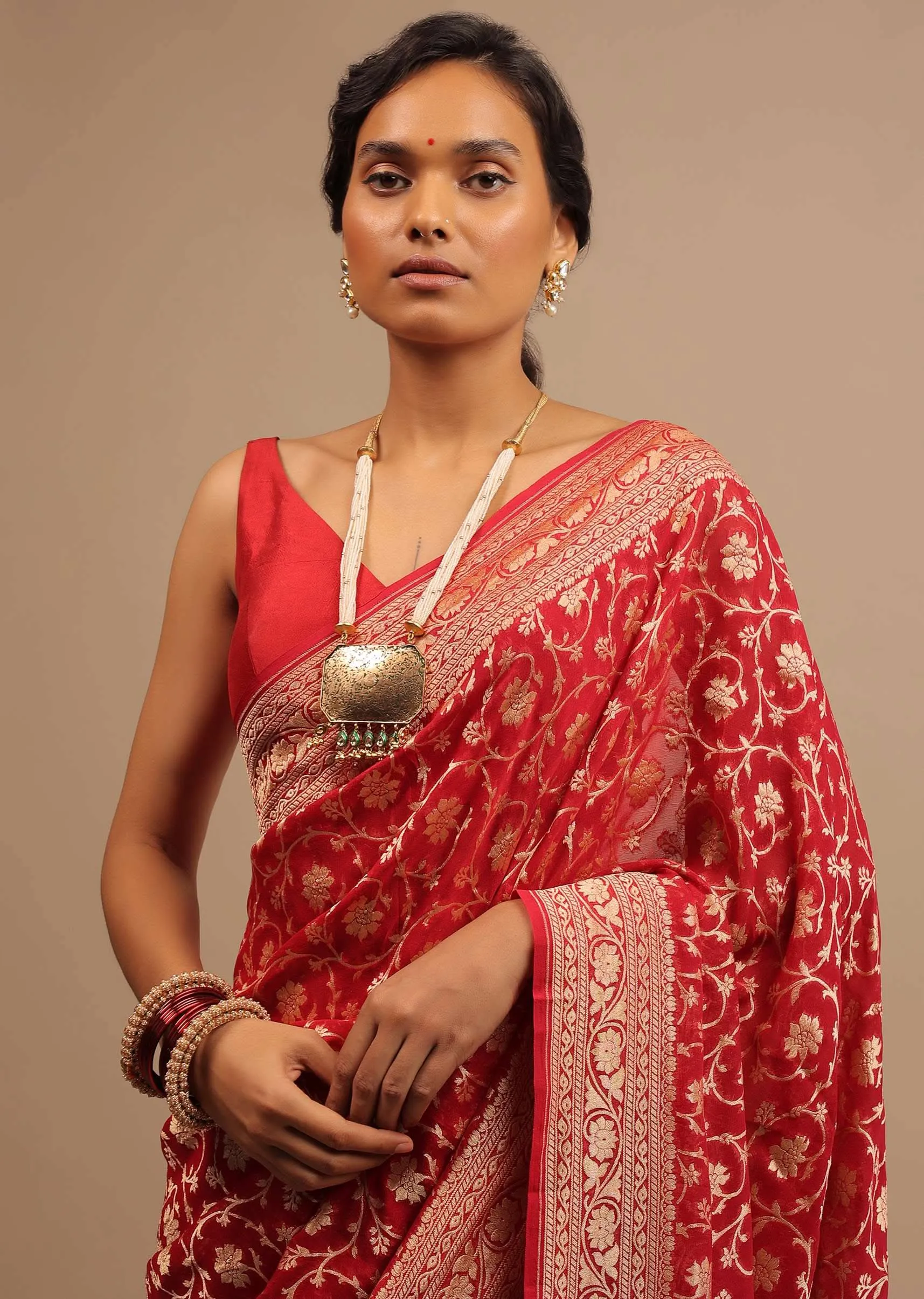 Apple Red Saree In Georgette With Golden Woven Floral Jaal Work