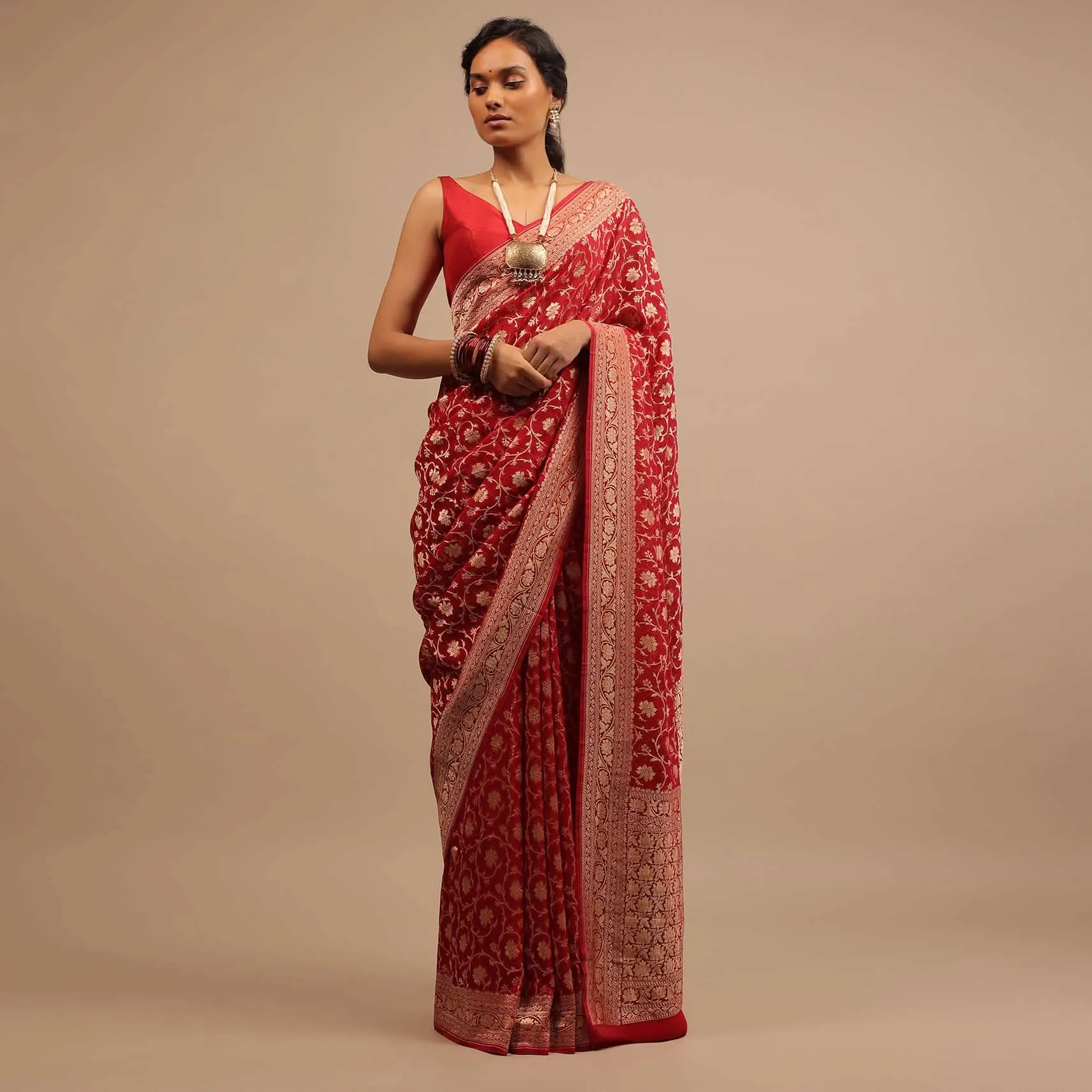 Apple Red Saree In Georgette With Golden Woven Floral Jaal Work