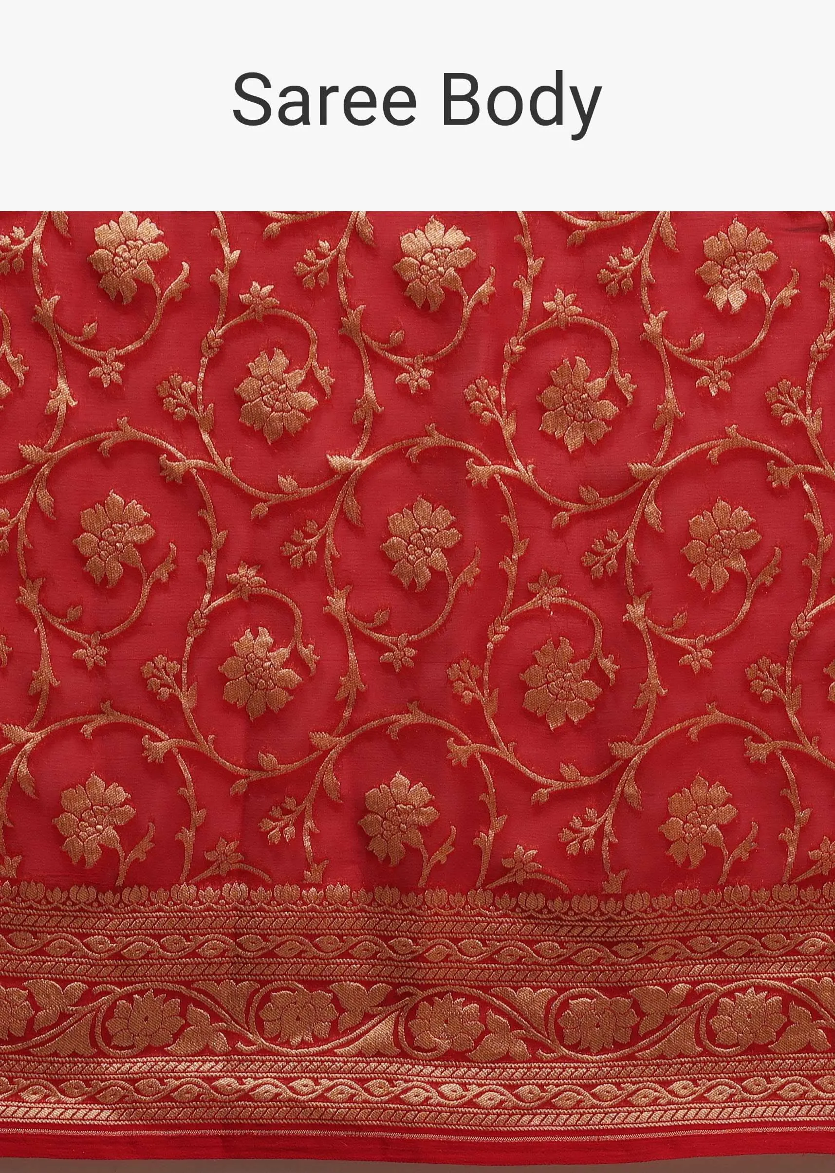 Apple Red Saree In Georgette With Golden Woven Floral Jaal Work