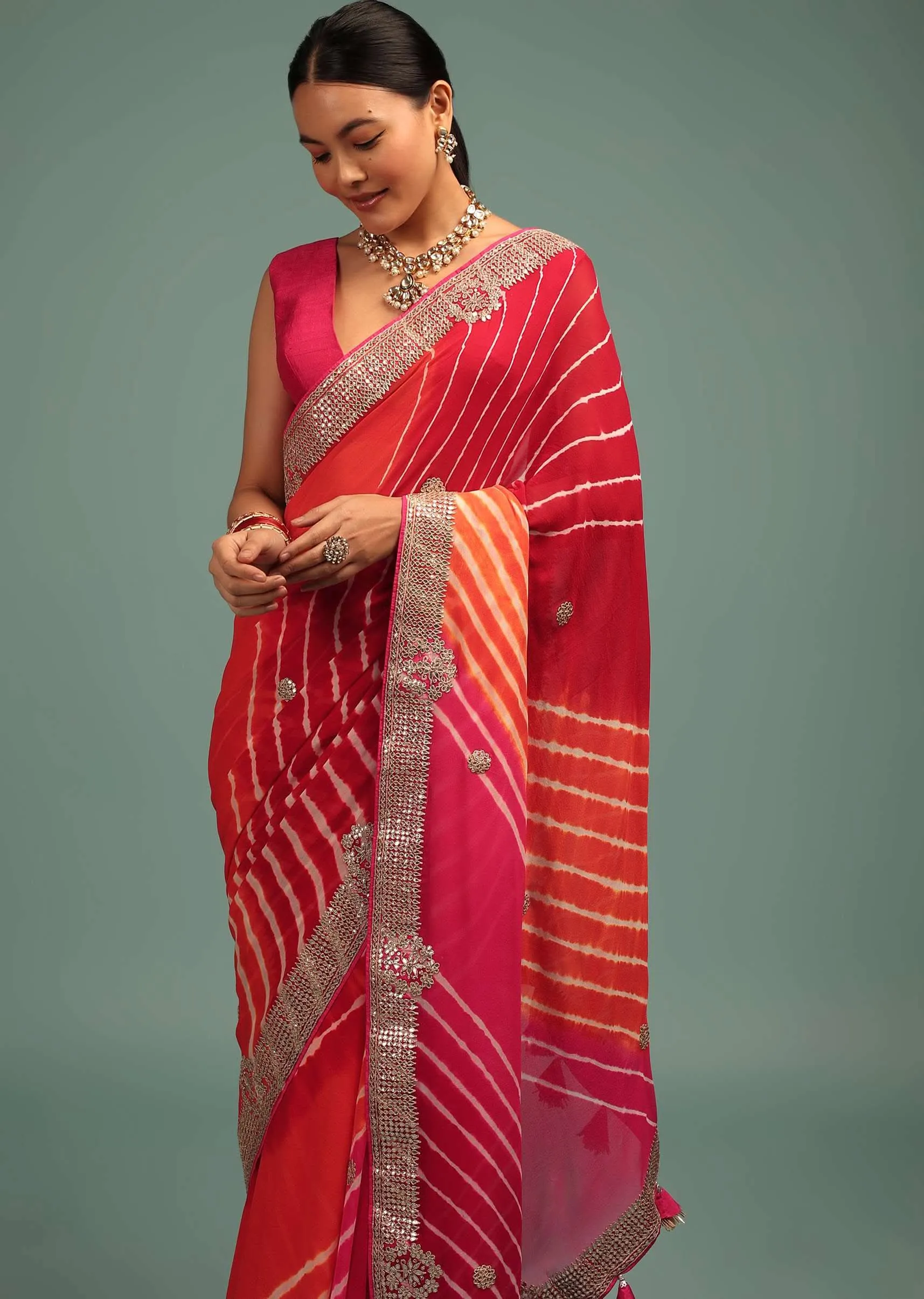 Azalea Pink Leheriya Saree In Georgette With Jaipuri Gotta Work Border And Tassel Pallu