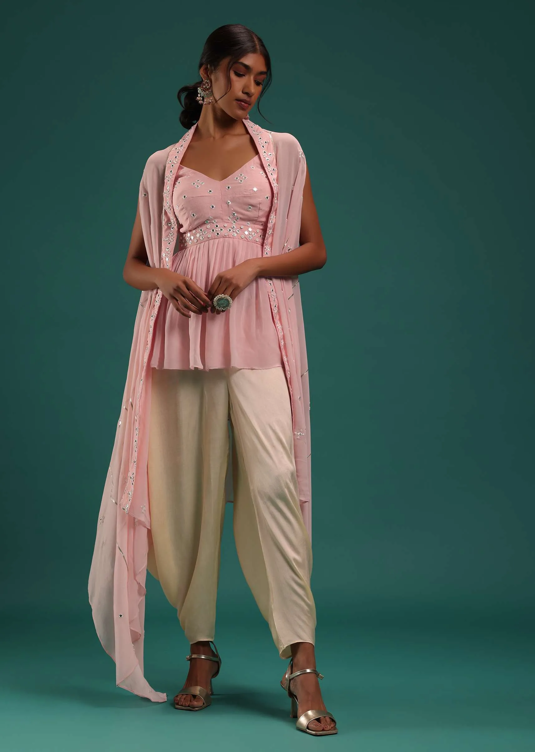 Baby Pink Peplum Top And Dhoti Set With Abla Work