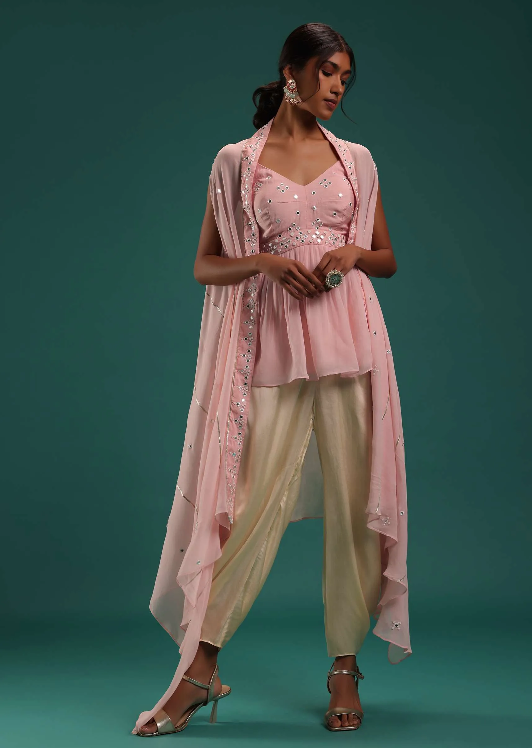 Baby Pink Peplum Top And Dhoti Set With Abla Work