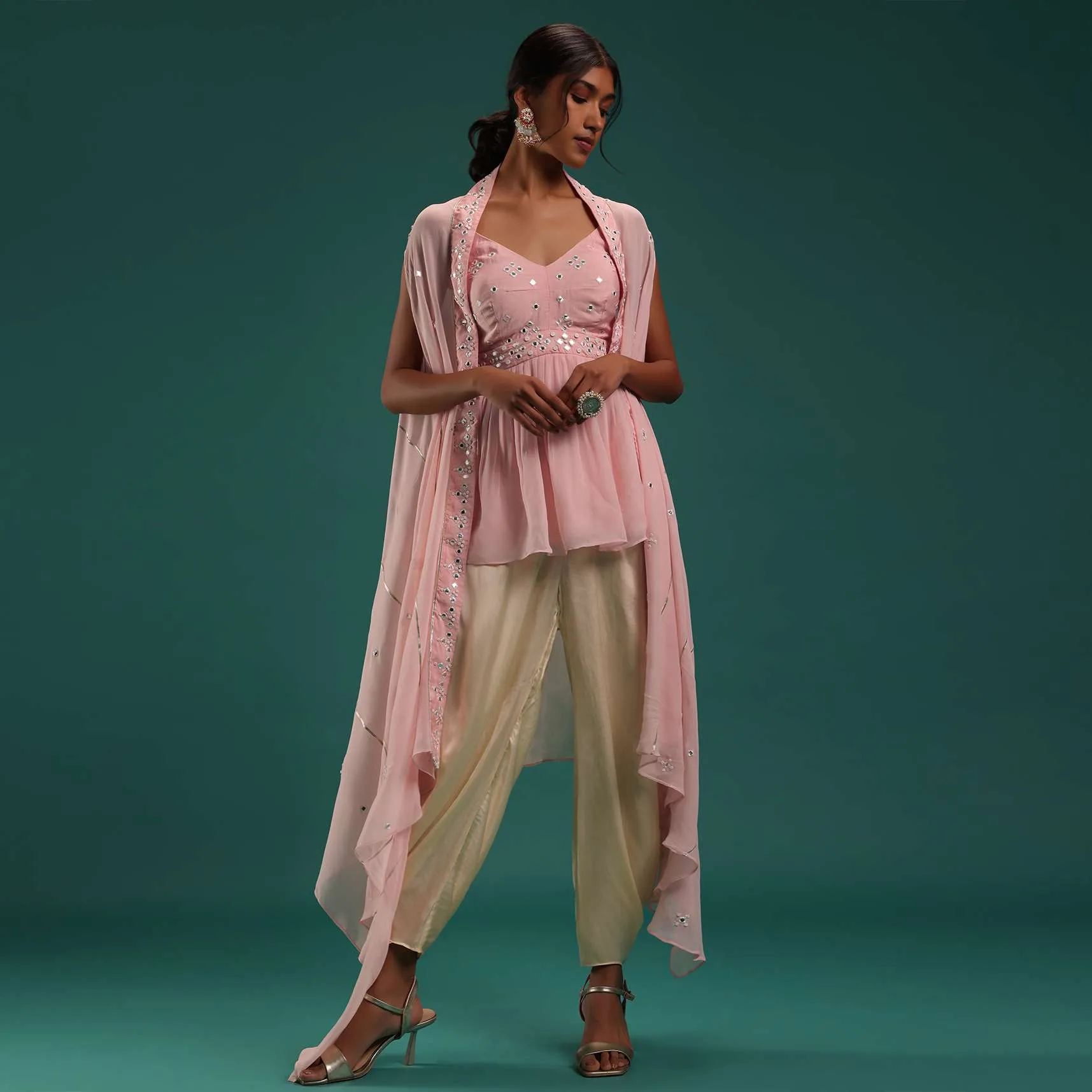 Baby Pink Peplum Top And Dhoti Set With Abla Work
