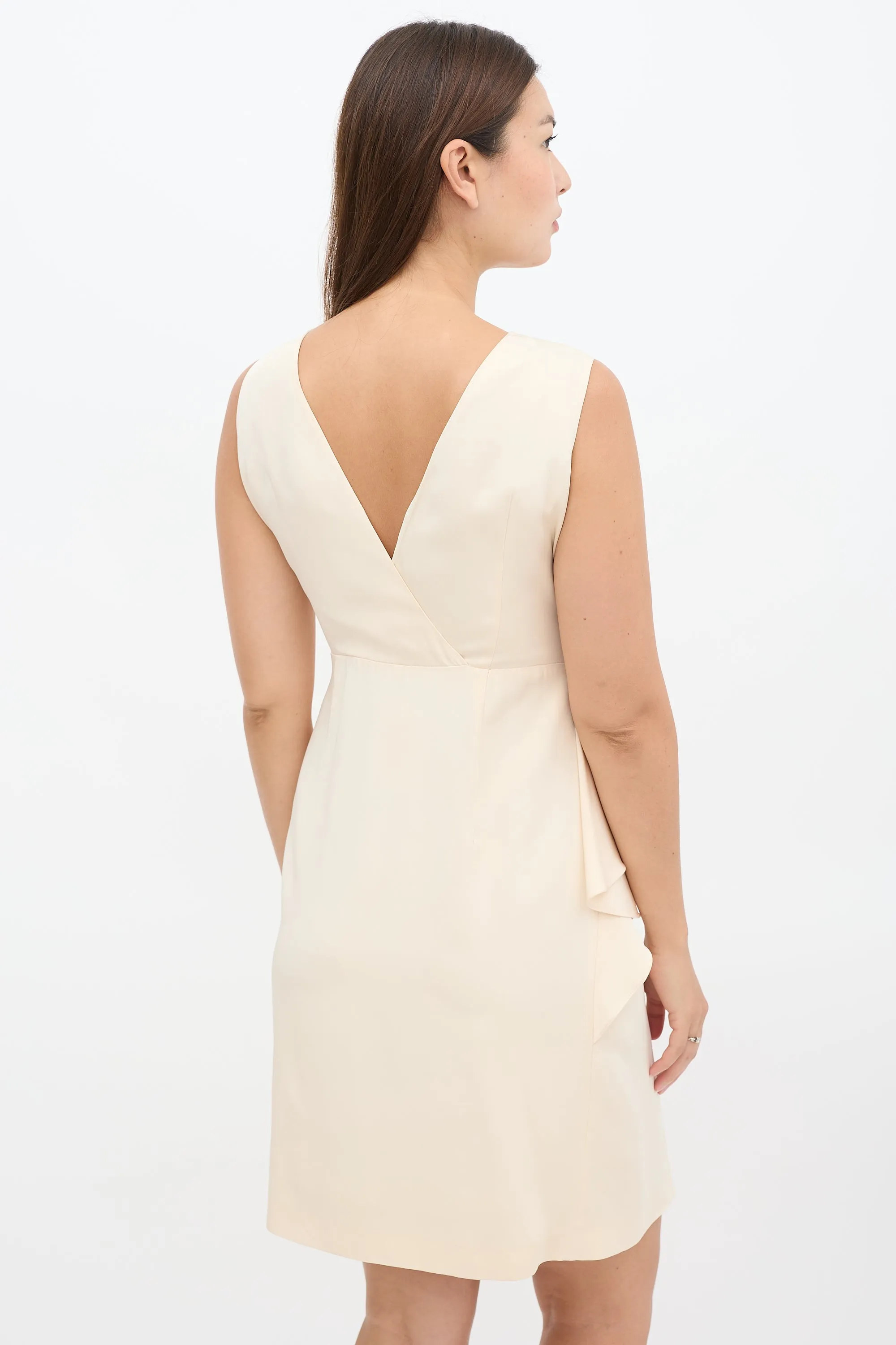 Beige Silk Pleated Front Peplum Midi Dress