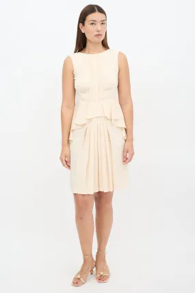 Beige Silk Pleated Front Peplum Midi Dress