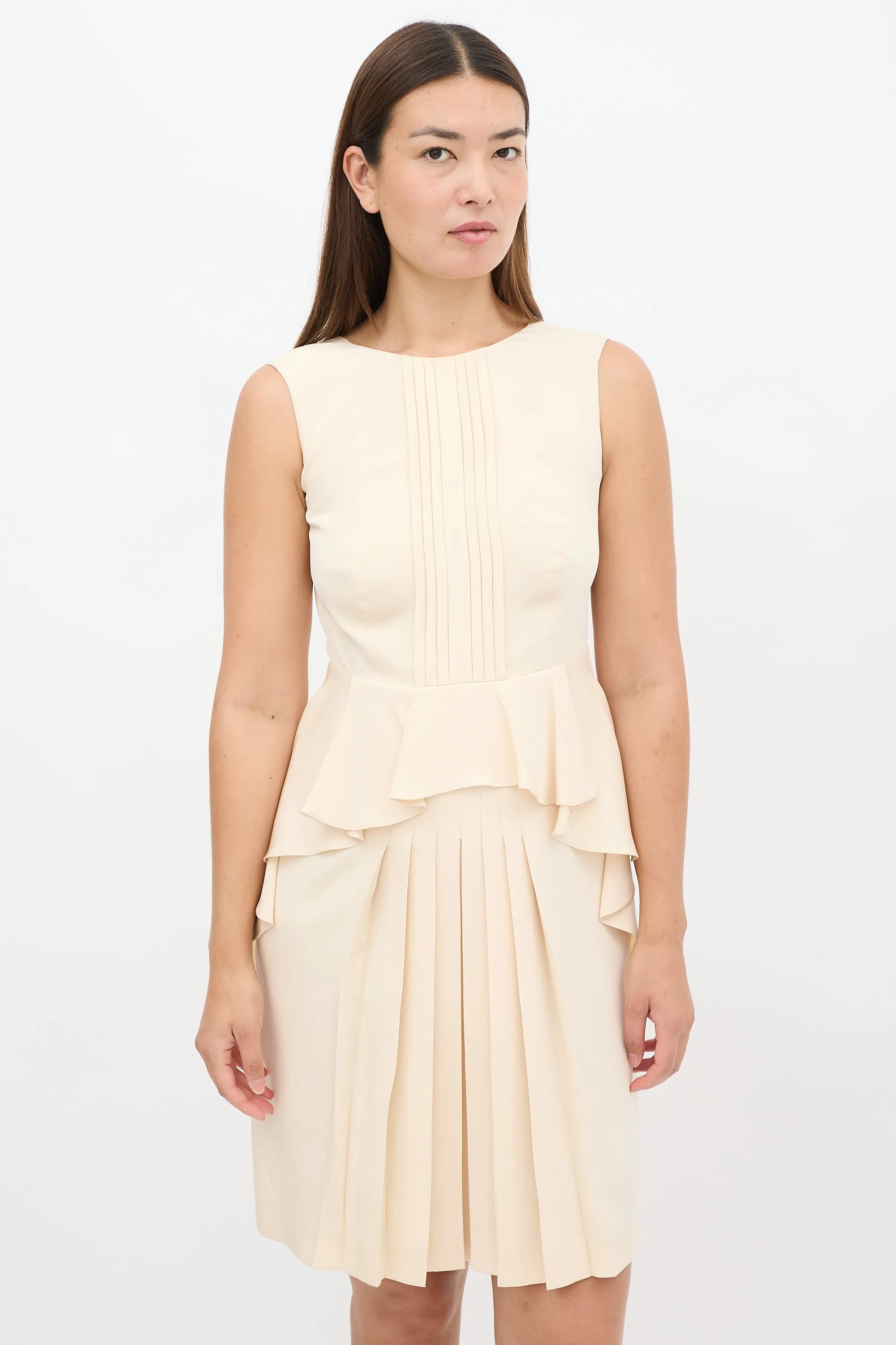 Beige Silk Pleated Front Peplum Midi Dress