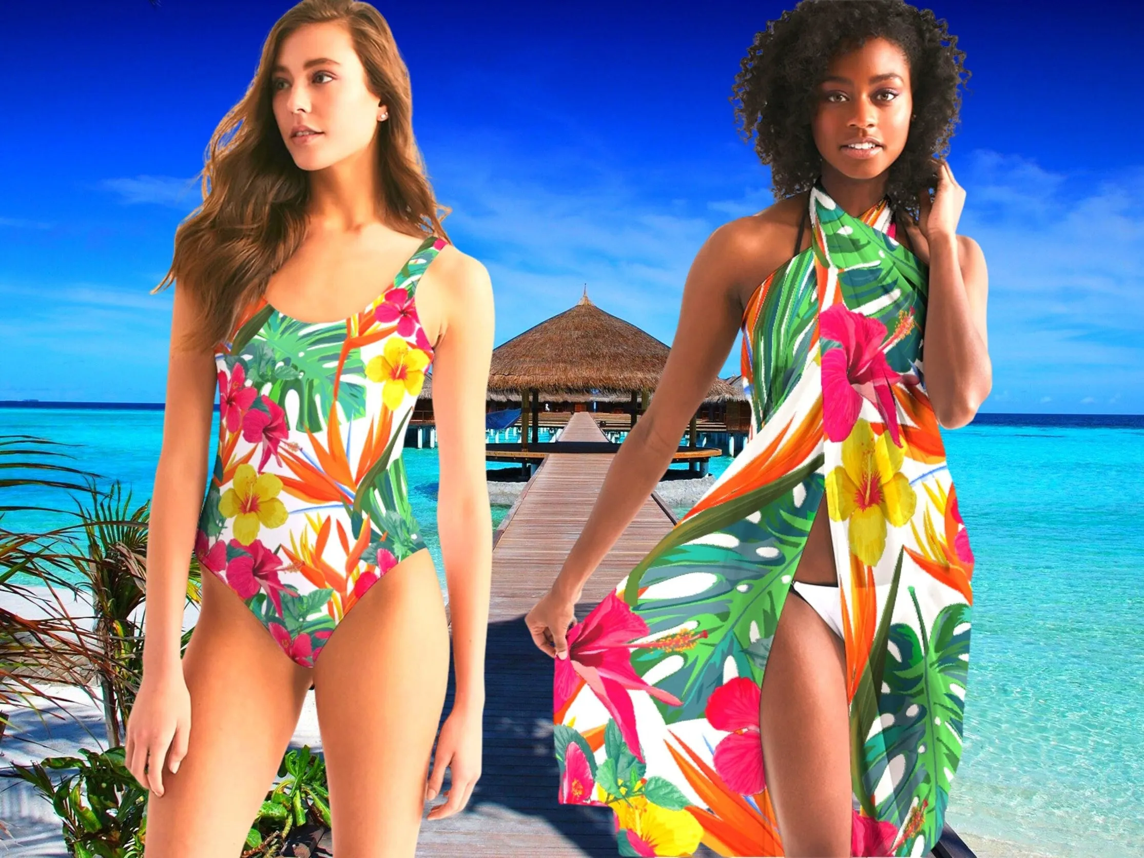 BIRD OF PARADISE FLORAL COUPLES SWIMSUITS