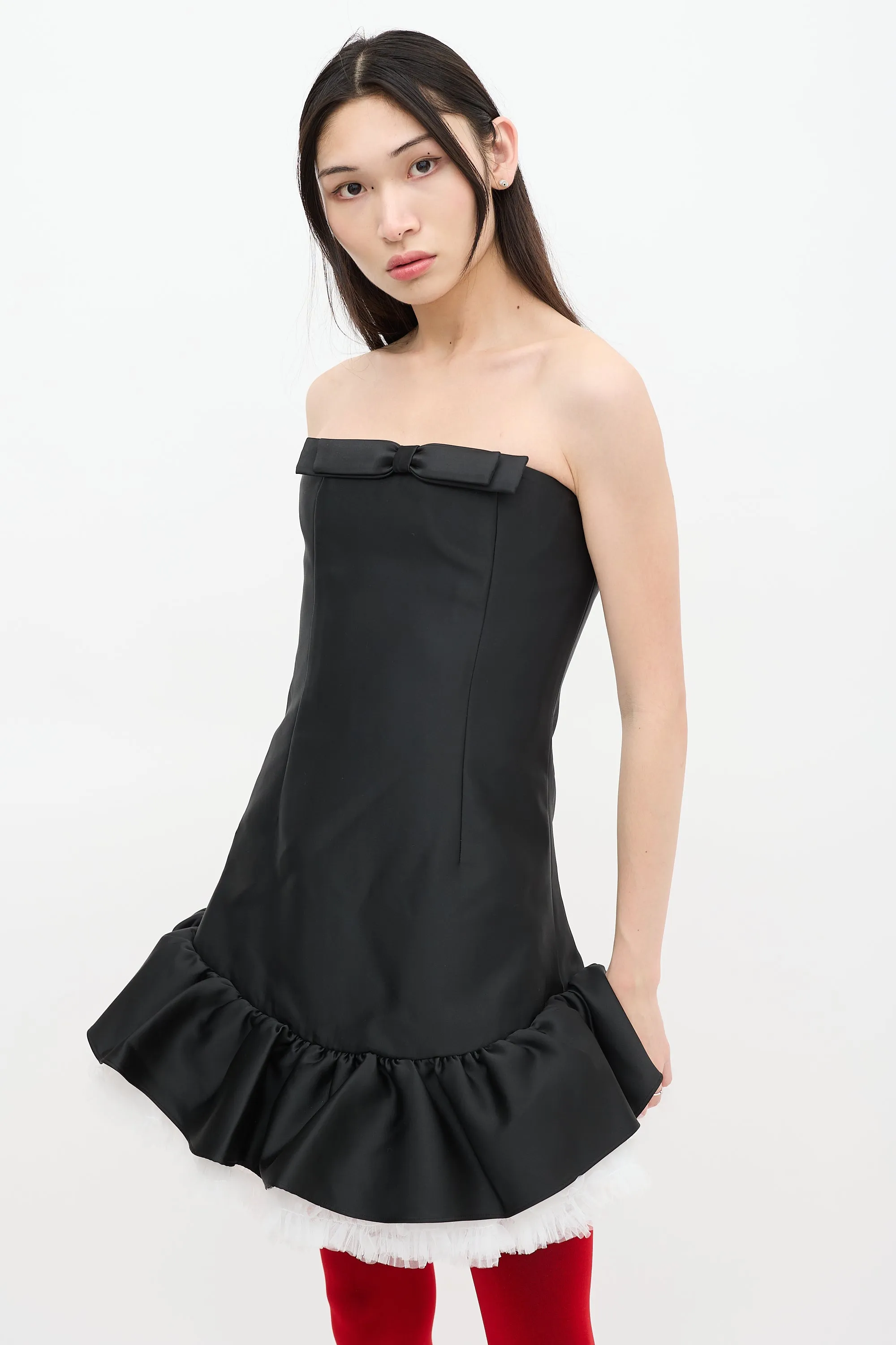 Black Satin Bowknot Strapless Dress