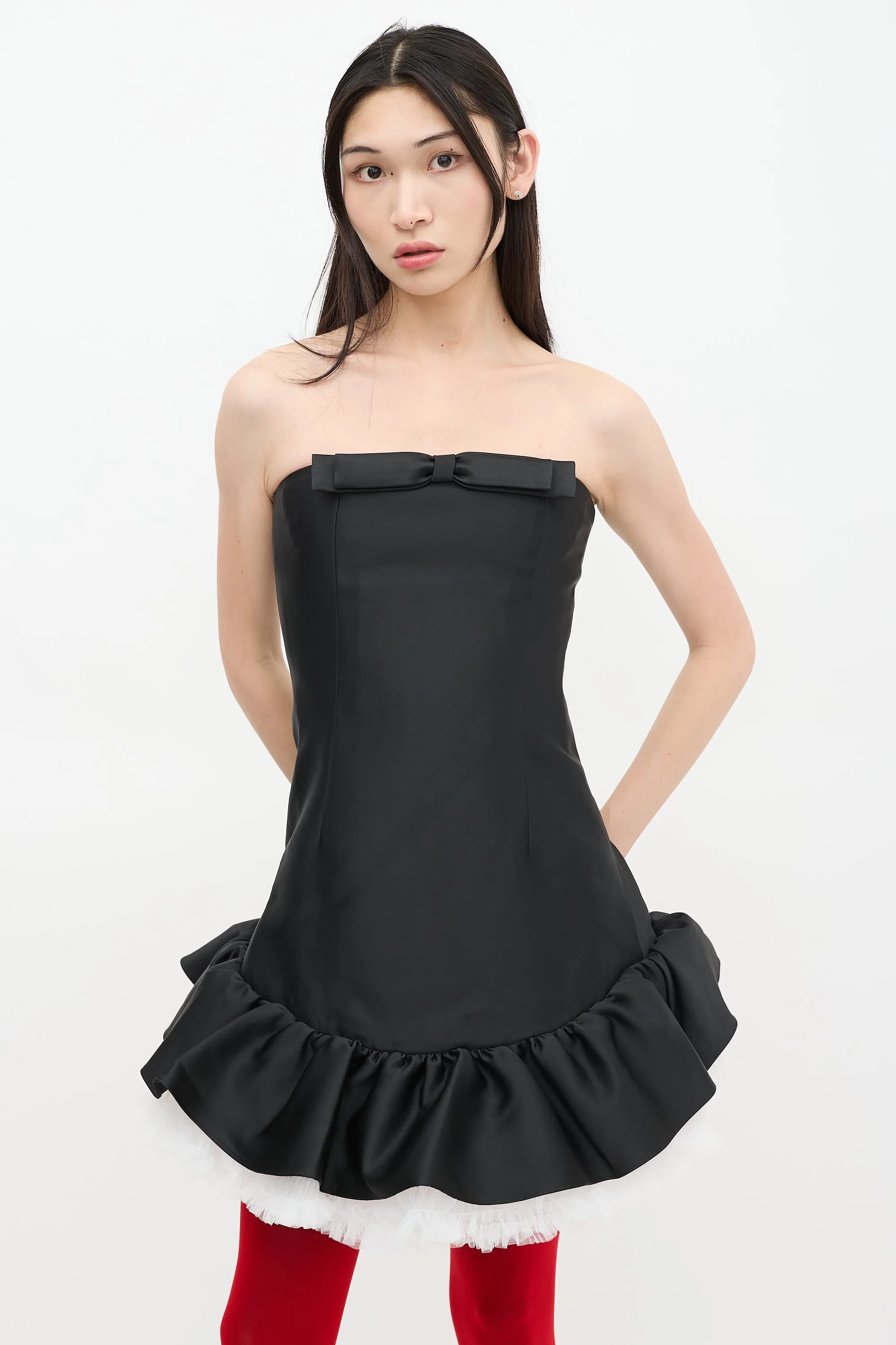 Black Satin Bowknot Strapless Dress