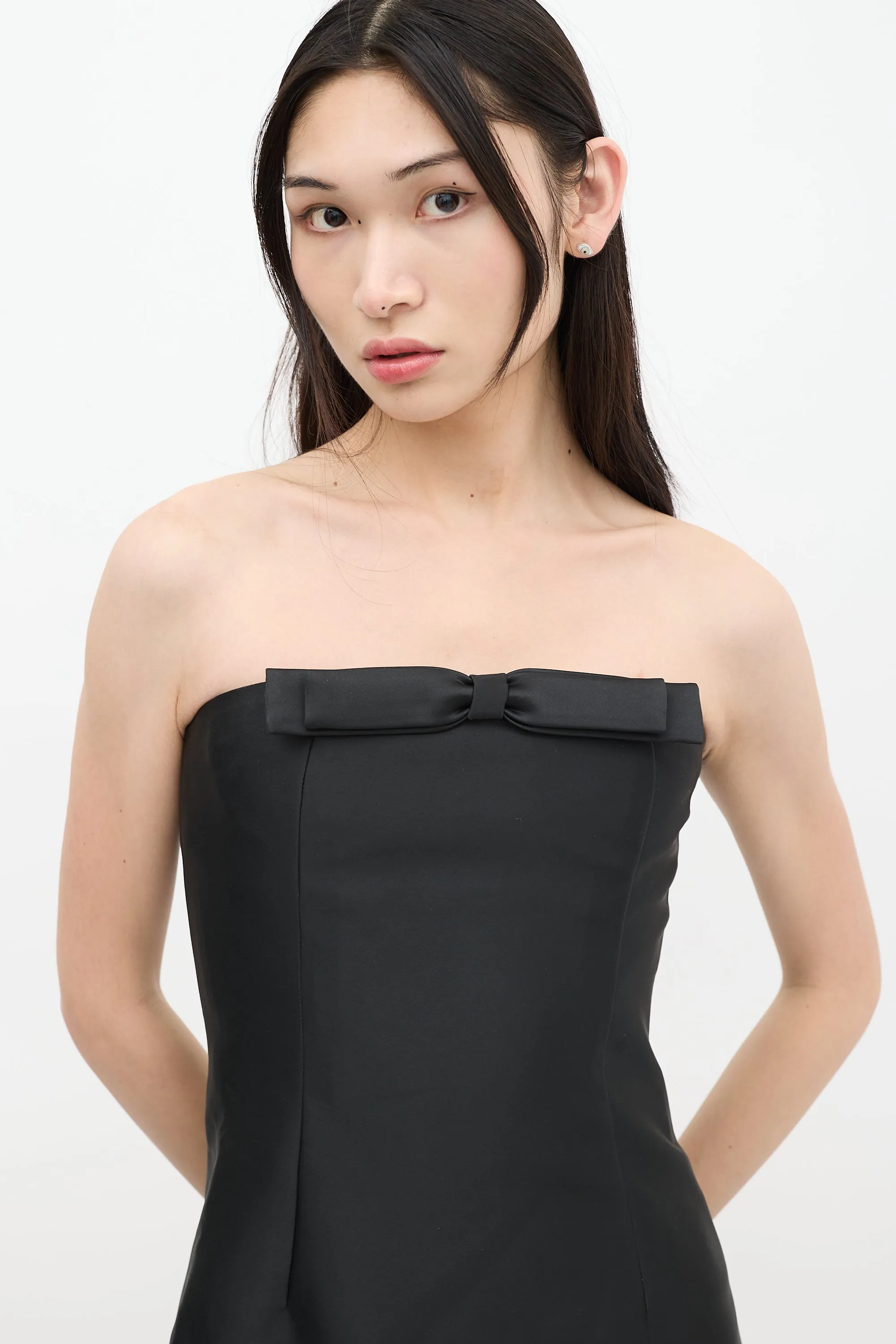 Black Satin Bowknot Strapless Dress