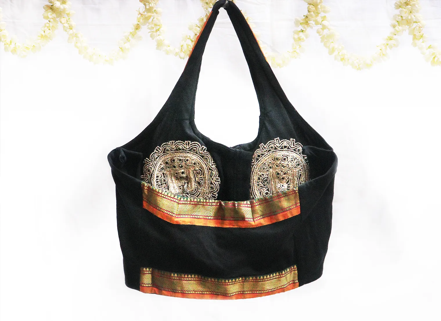 Black, Strechable knit,Hand Embroidery blouse