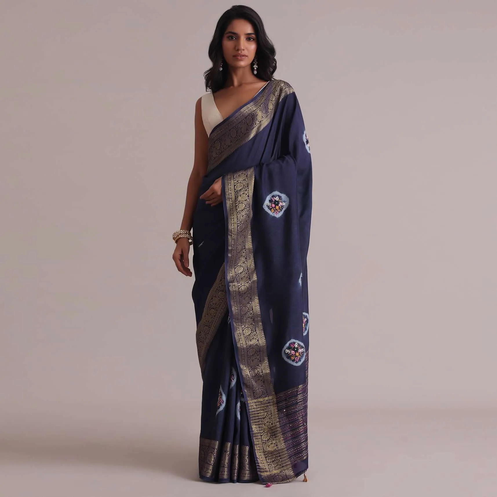 Blue Resham 3D Bud Embroidered Saree With Brocade And Thread Work In Dola Crepe