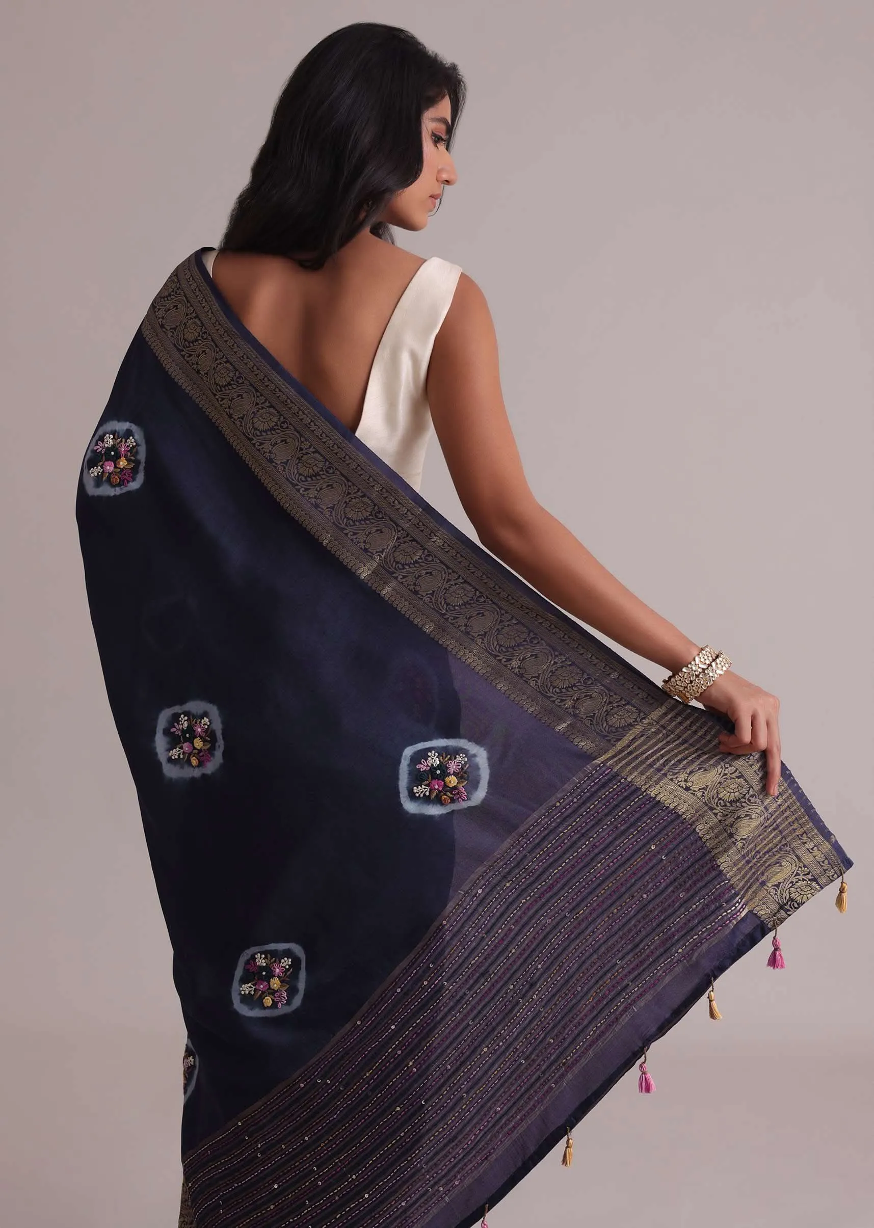 Blue Resham 3D Bud Embroidered Saree With Brocade And Thread Work In Dola Crepe