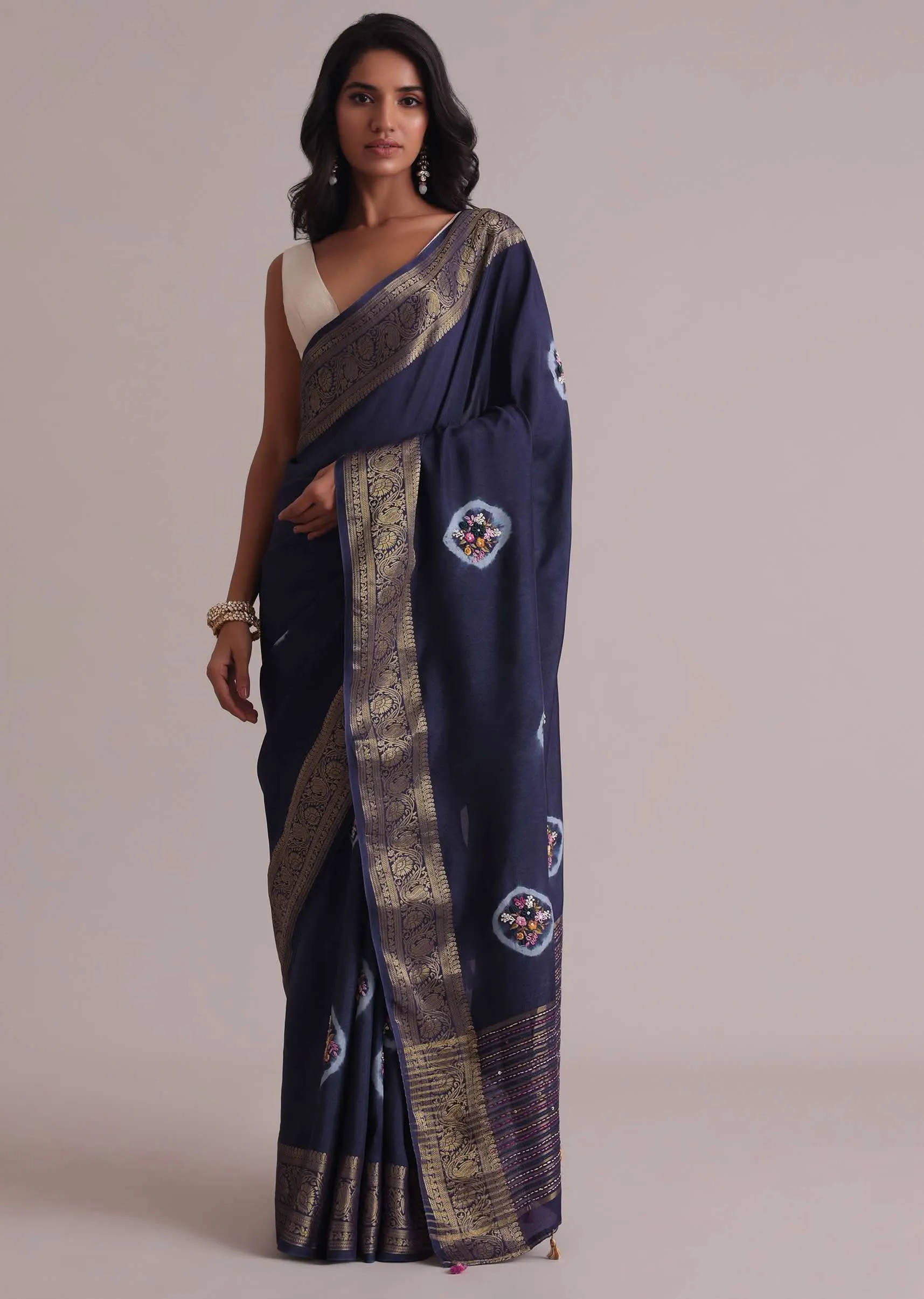 Blue Resham 3D Bud Embroidered Saree With Brocade And Thread Work In Dola Crepe