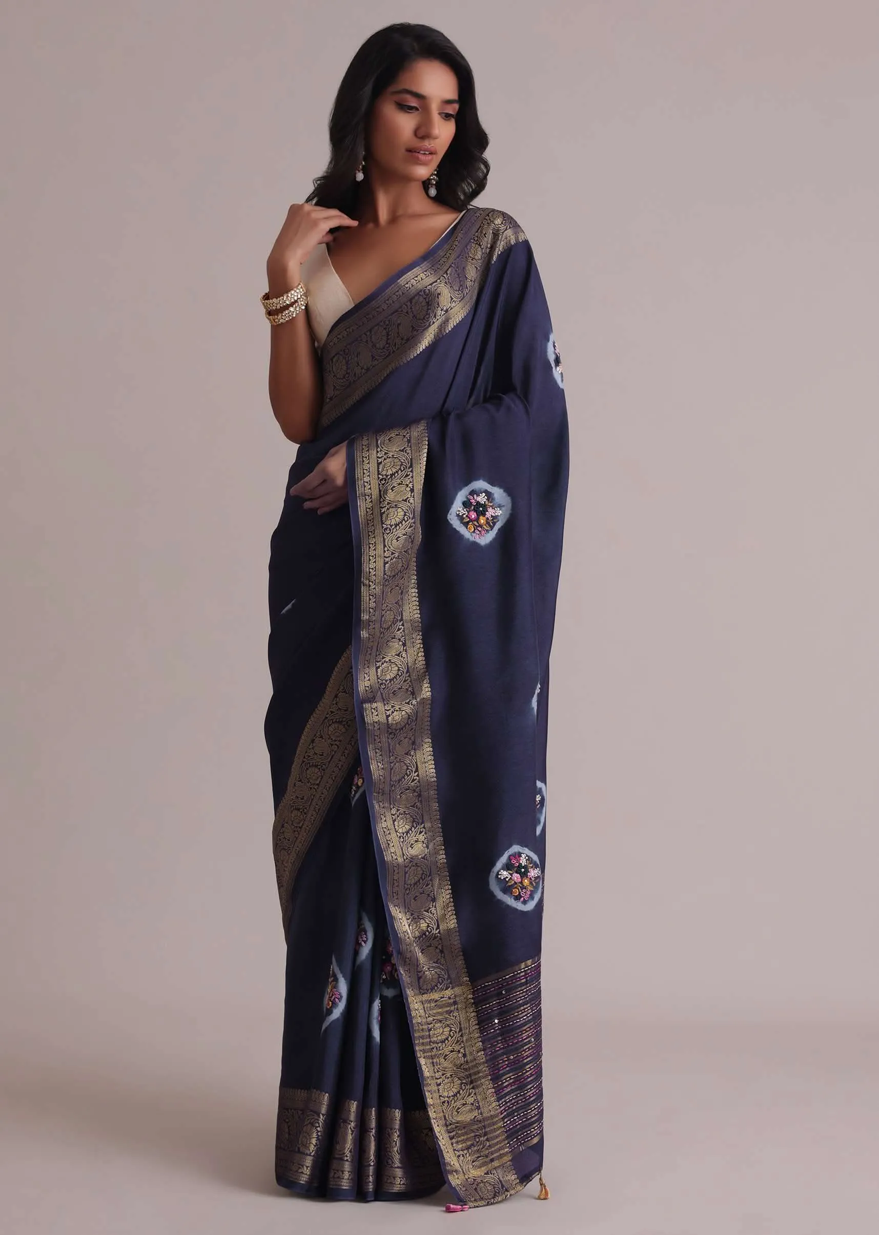 Blue Resham 3D Bud Embroidered Saree With Brocade And Thread Work In Dola Crepe