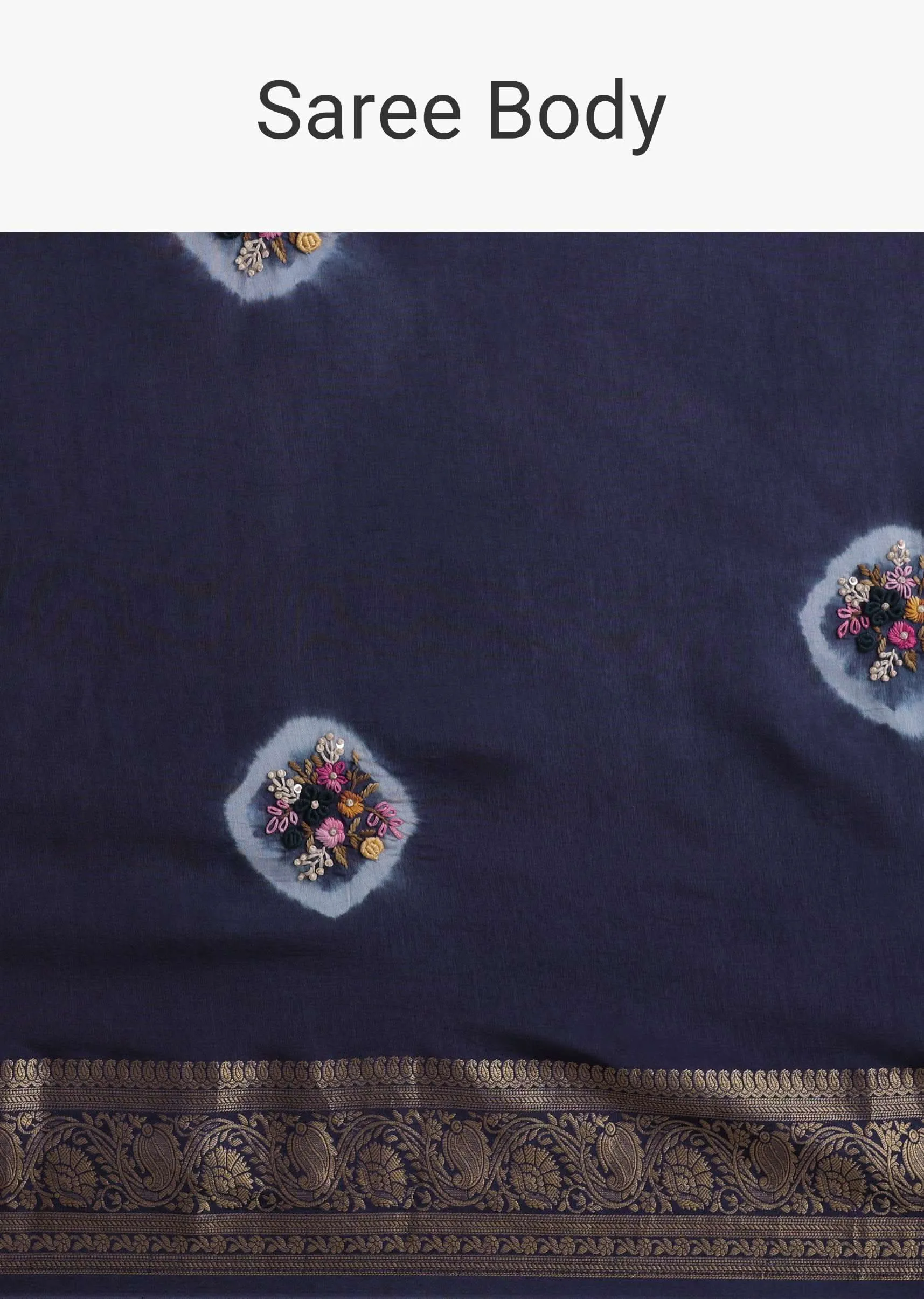 Blue Resham 3D Bud Embroidered Saree With Brocade And Thread Work In Dola Crepe