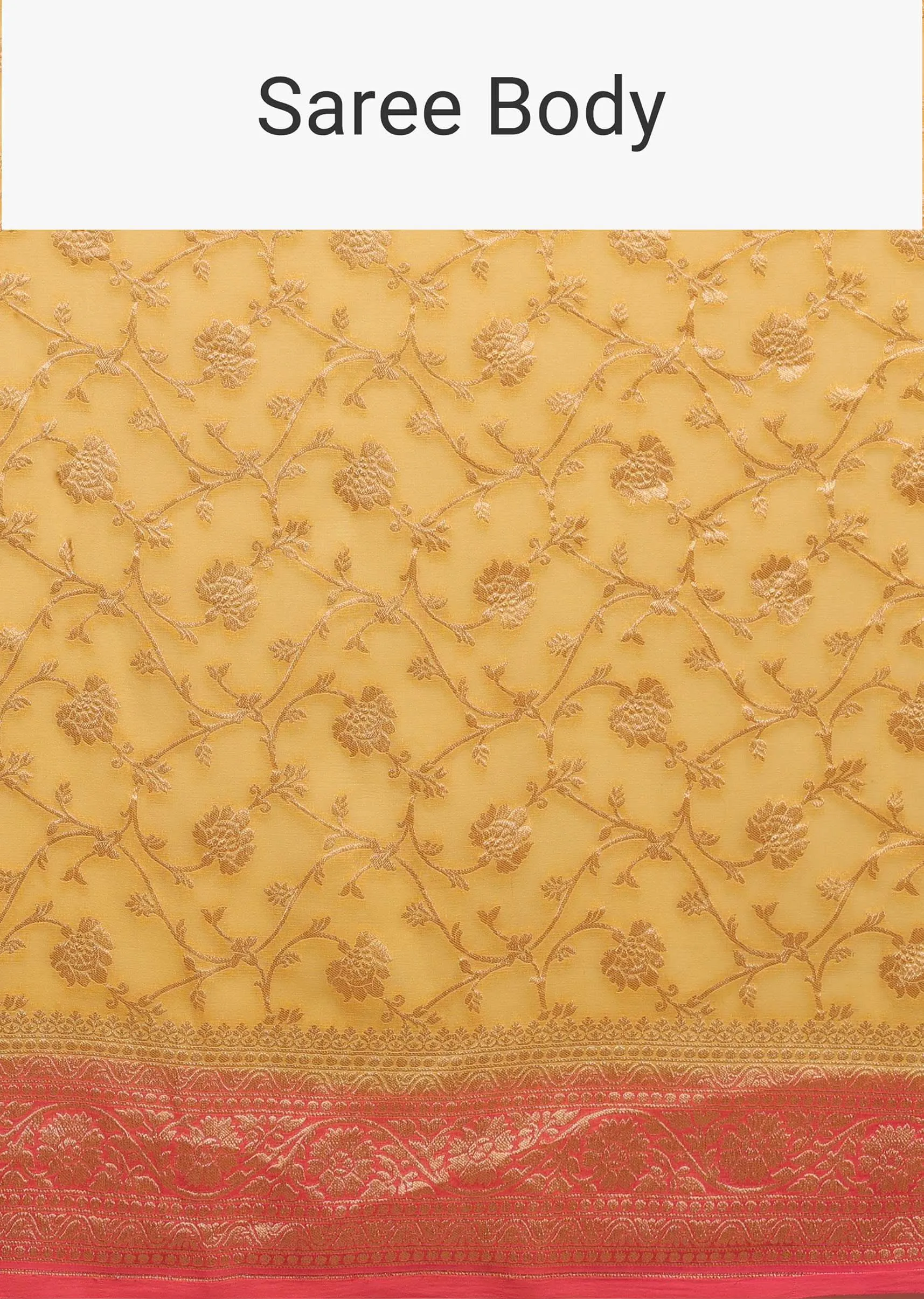 Canary Yellow Traditional Georgette Saree With Contrasting Peach Brocade Border And Jaal Work