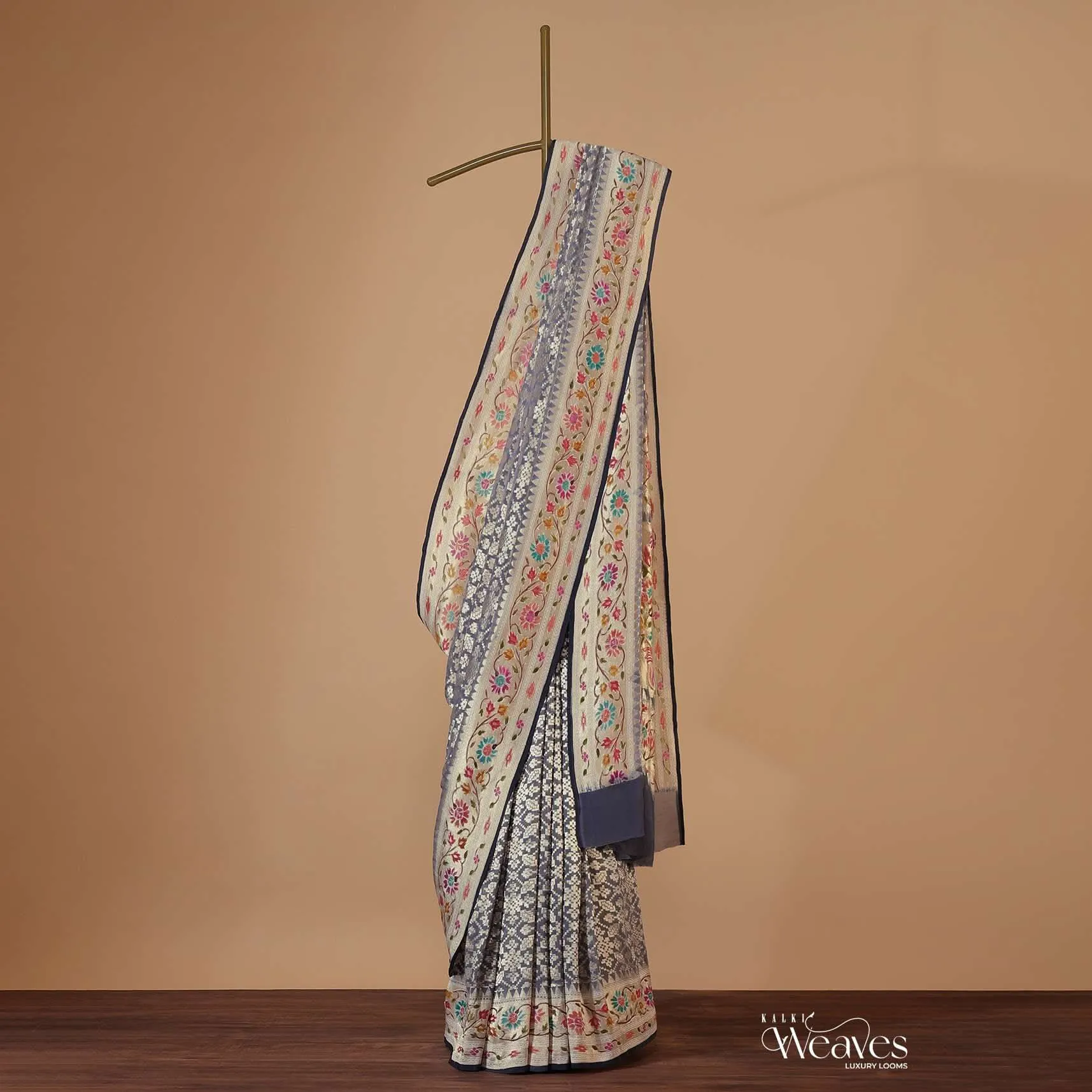 Cloud Grey Saree In Georgette With Banarasi Zari Meena Work Border And Unstitched Blouse