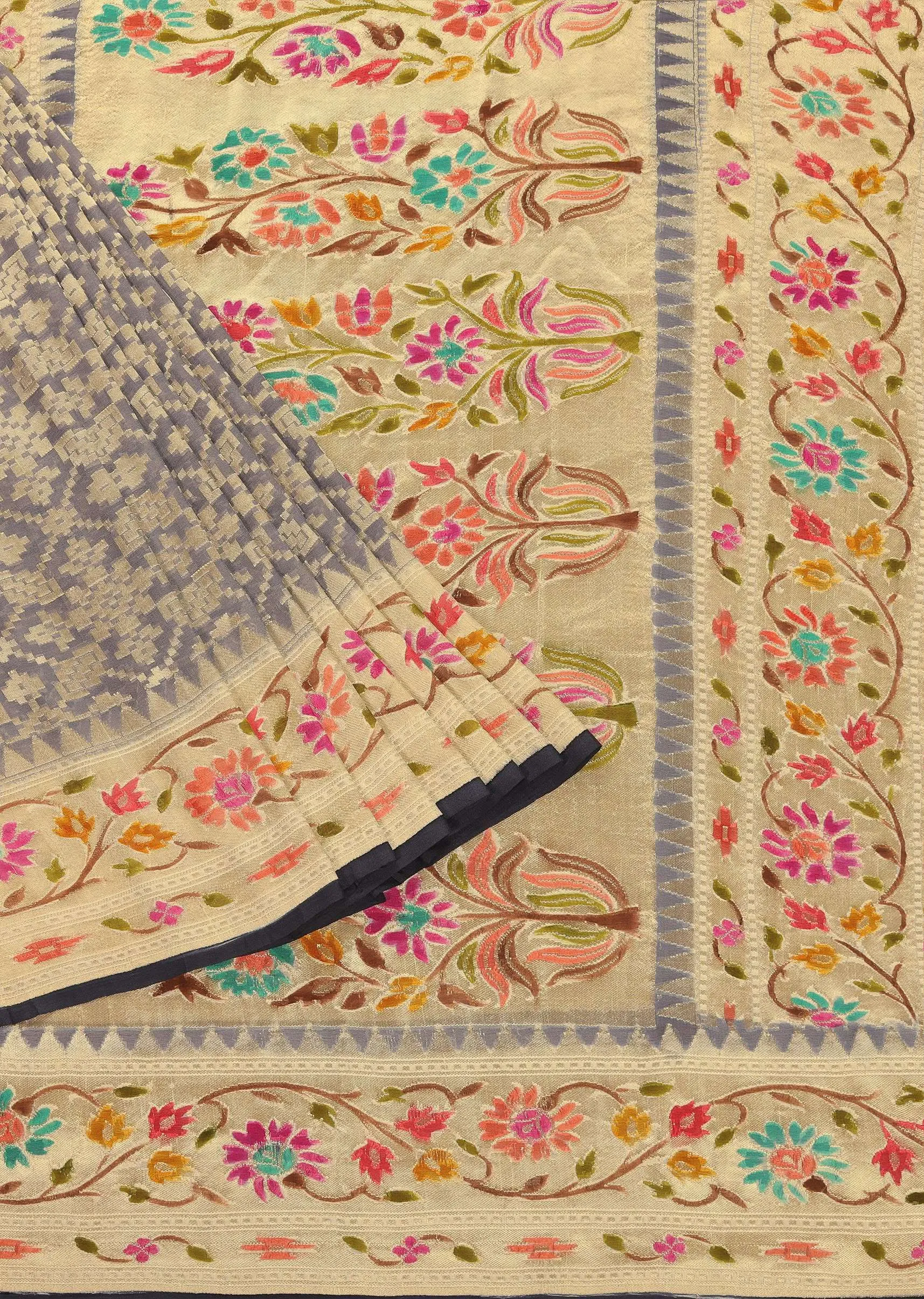 Cloud Grey Saree In Georgette With Banarasi Zari Meena Work Border And Unstitched Blouse