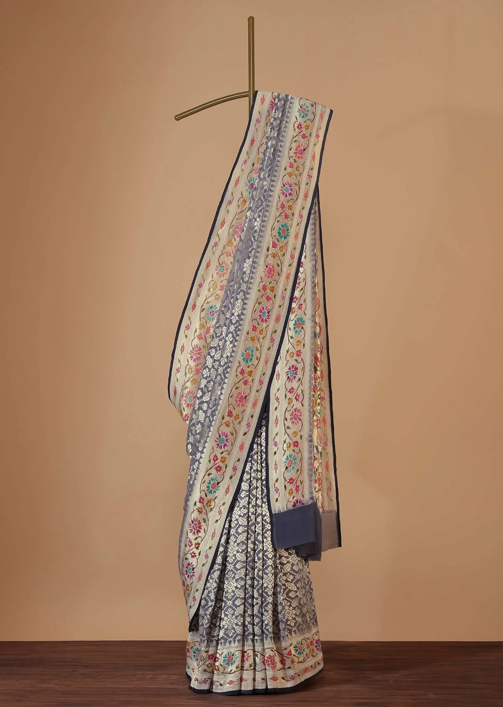 Cloud Grey Saree In Georgette With Banarasi Zari Meena Work Border And Unstitched Blouse