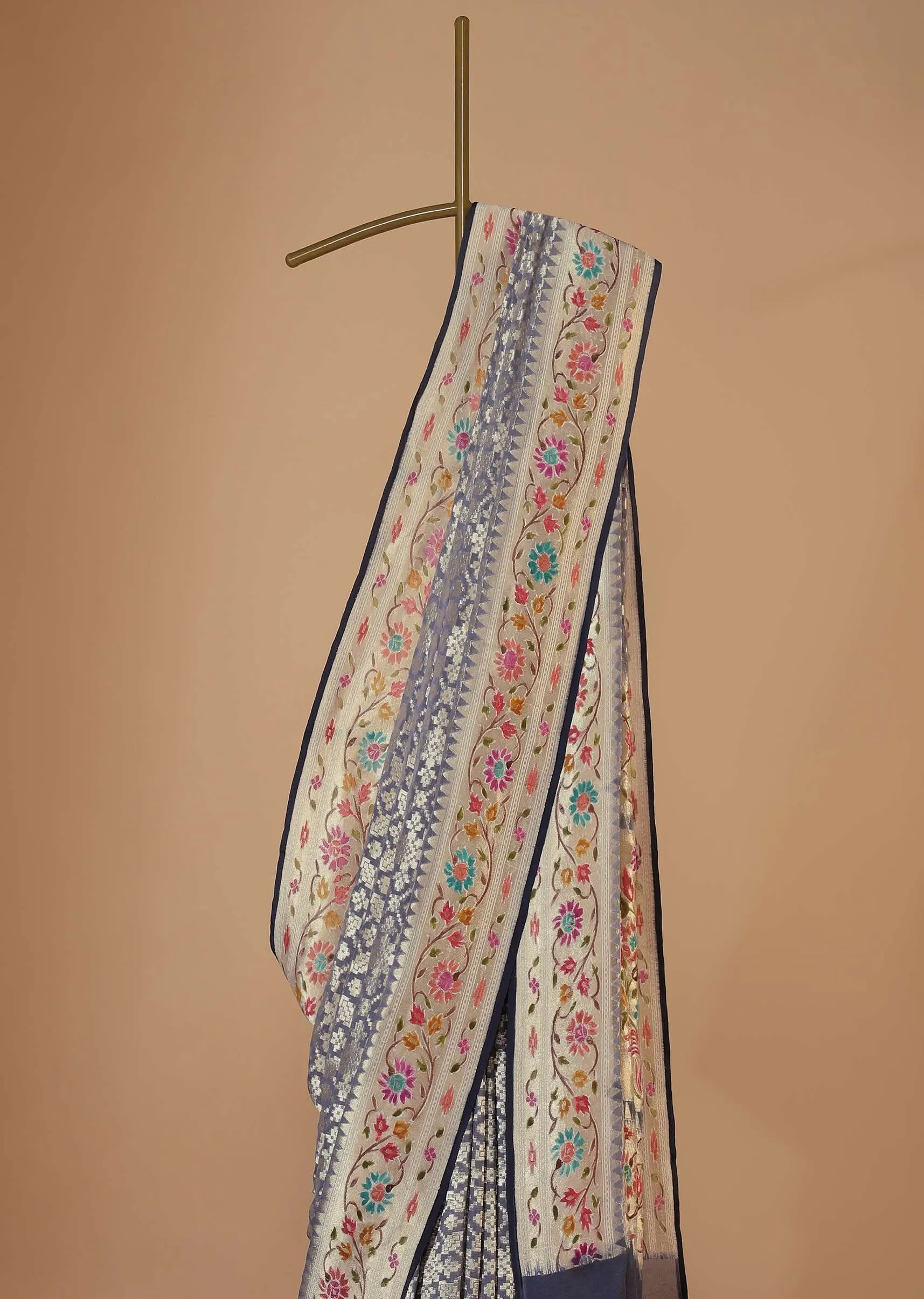 Cloud Grey Saree In Georgette With Banarasi Zari Meena Work Border And Unstitched Blouse