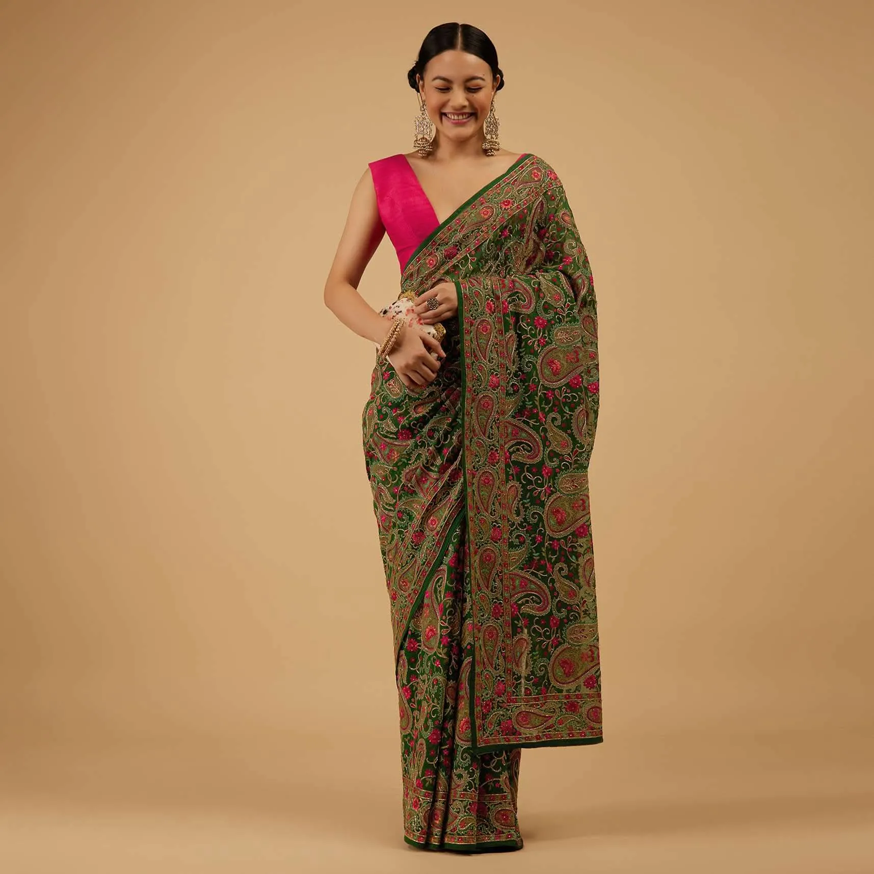 Deep Green Saree Kashmiri Embroidered In Georgette