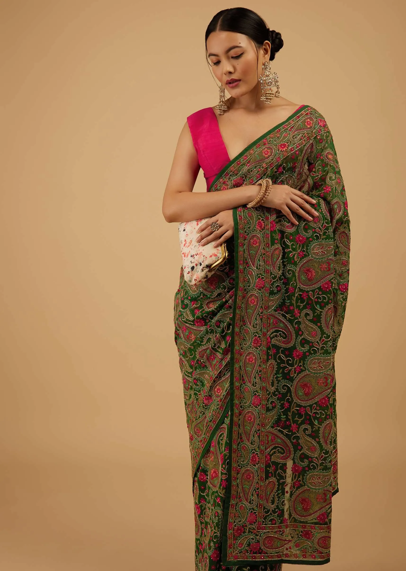 Deep Green Saree Kashmiri Embroidered In Georgette