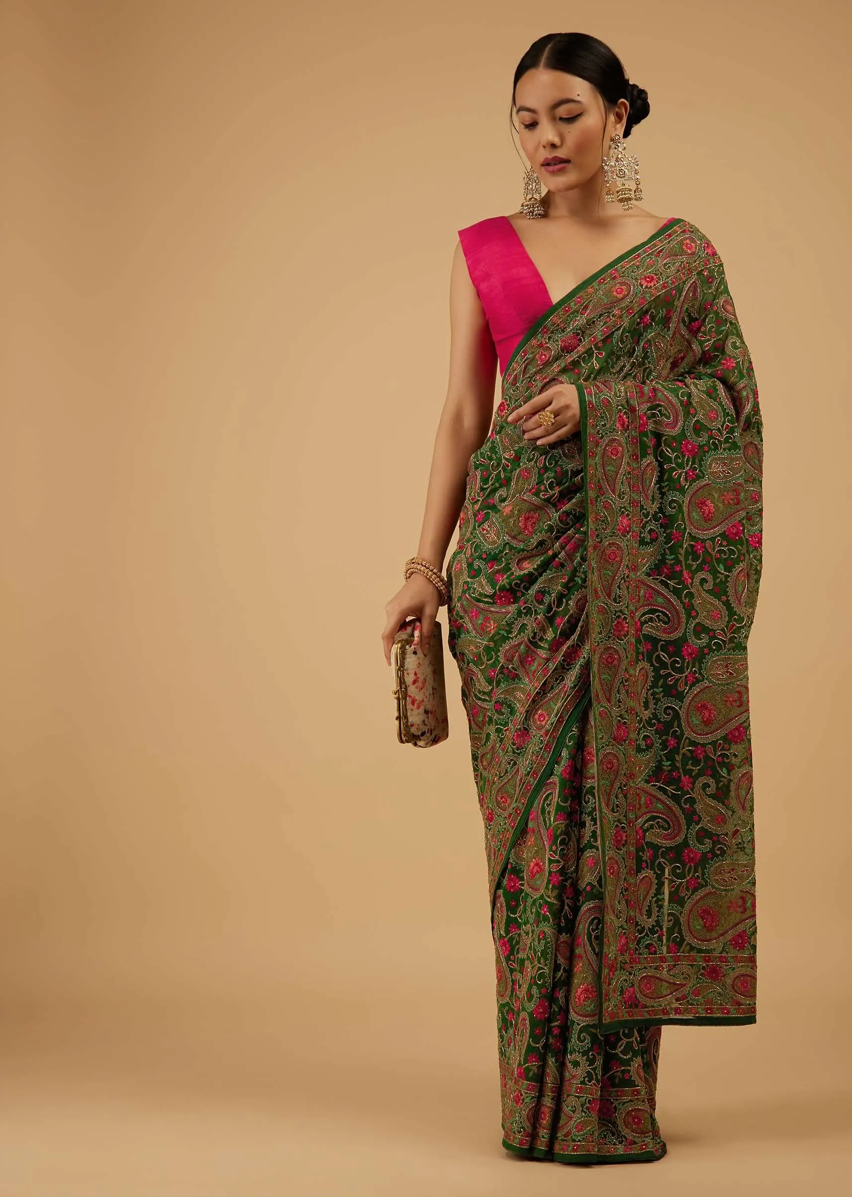 Deep Green Saree Kashmiri Embroidered In Georgette