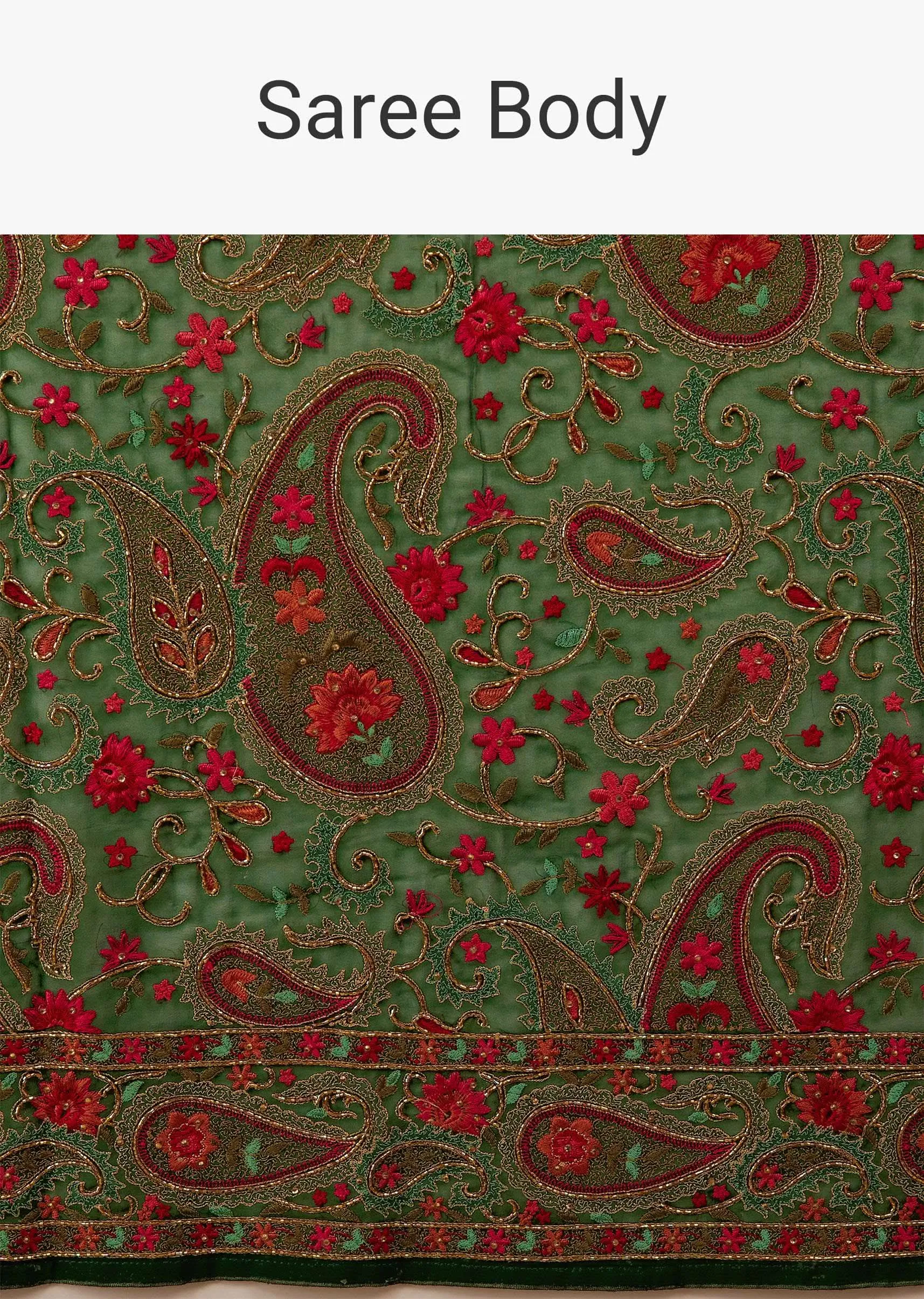 Deep Green Saree Kashmiri Embroidered In Georgette