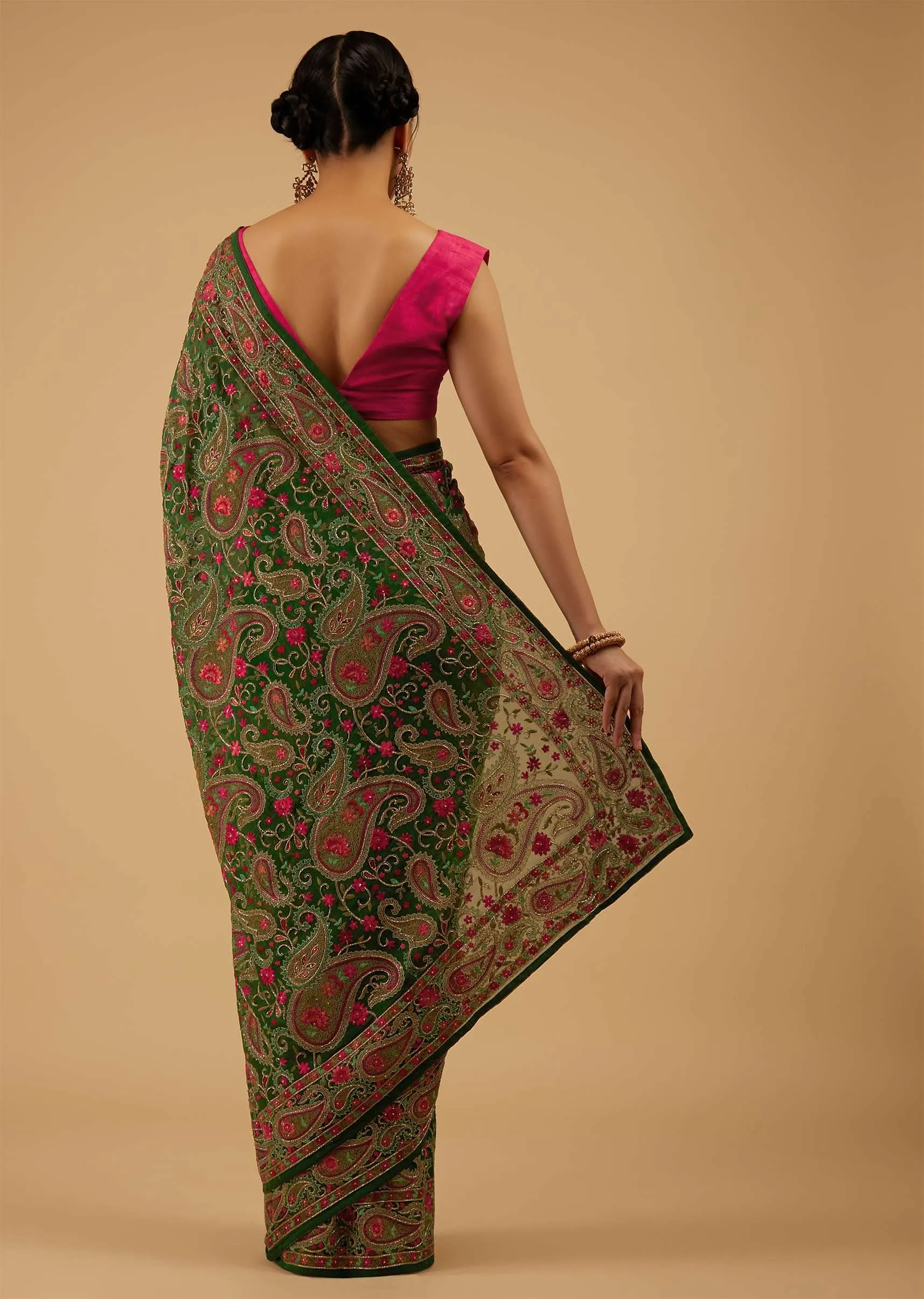 Deep Green Saree Kashmiri Embroidered In Georgette