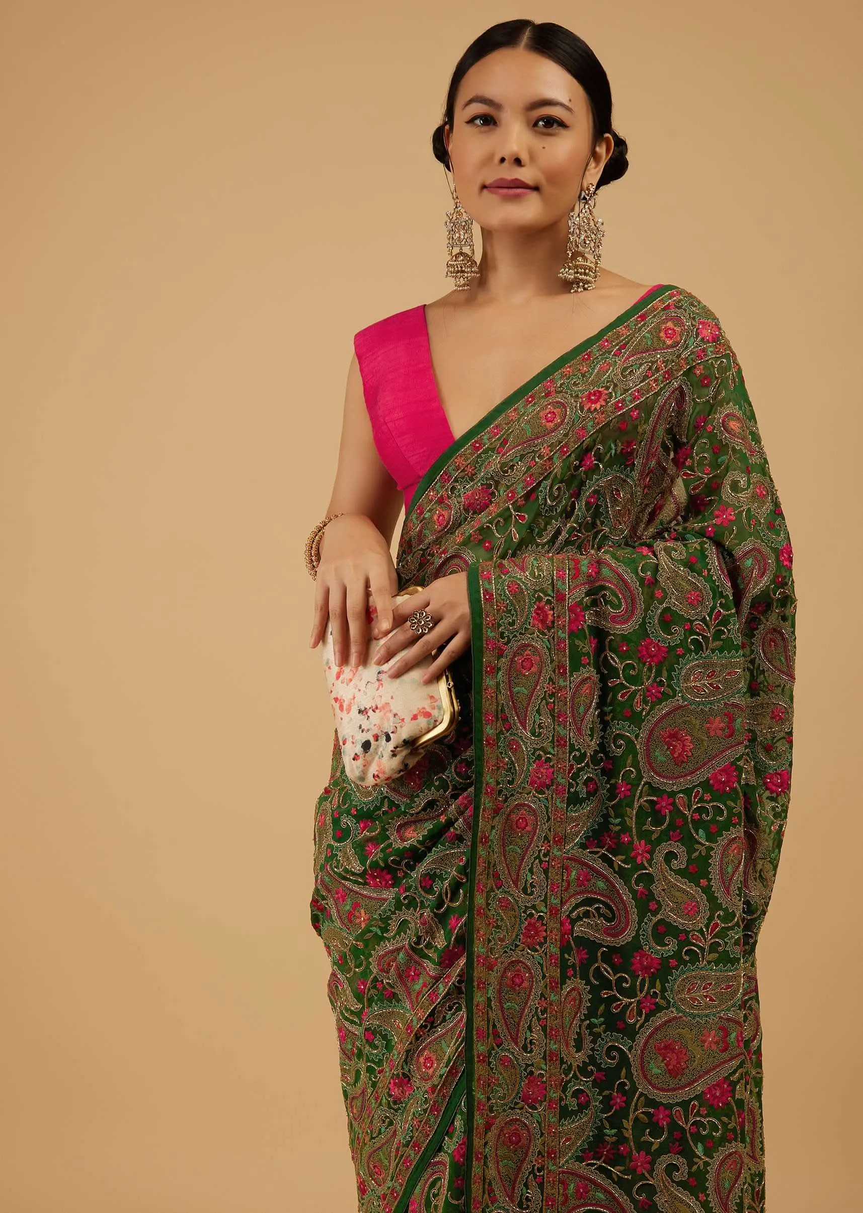 Deep Green Saree Kashmiri Embroidered In Georgette