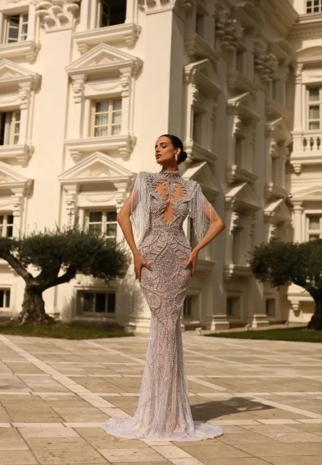 Erin Elegant High Neck Silver Wedding Dress