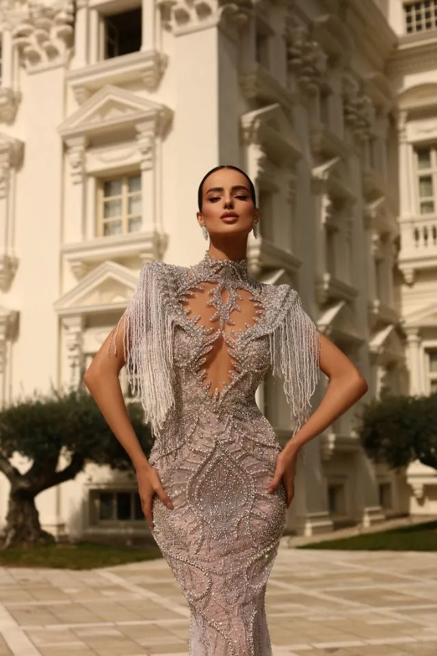 Erin Elegant High Neck Silver Wedding Dress